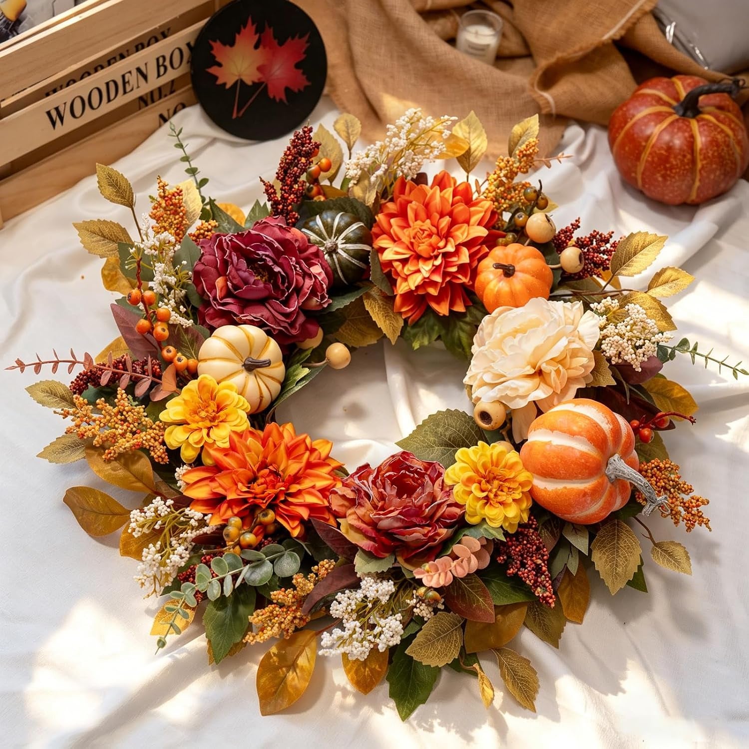 Fall Wreaths for Front Door outside 24 Inch,Rustic Harvest Autumn Wreath | Fall Door Wreath with Pumpkins,Peony,Dahlia,Artificial Silk Autumn Wreath for Indoor & Outdoor Farmhouse Thanksgiving Decor