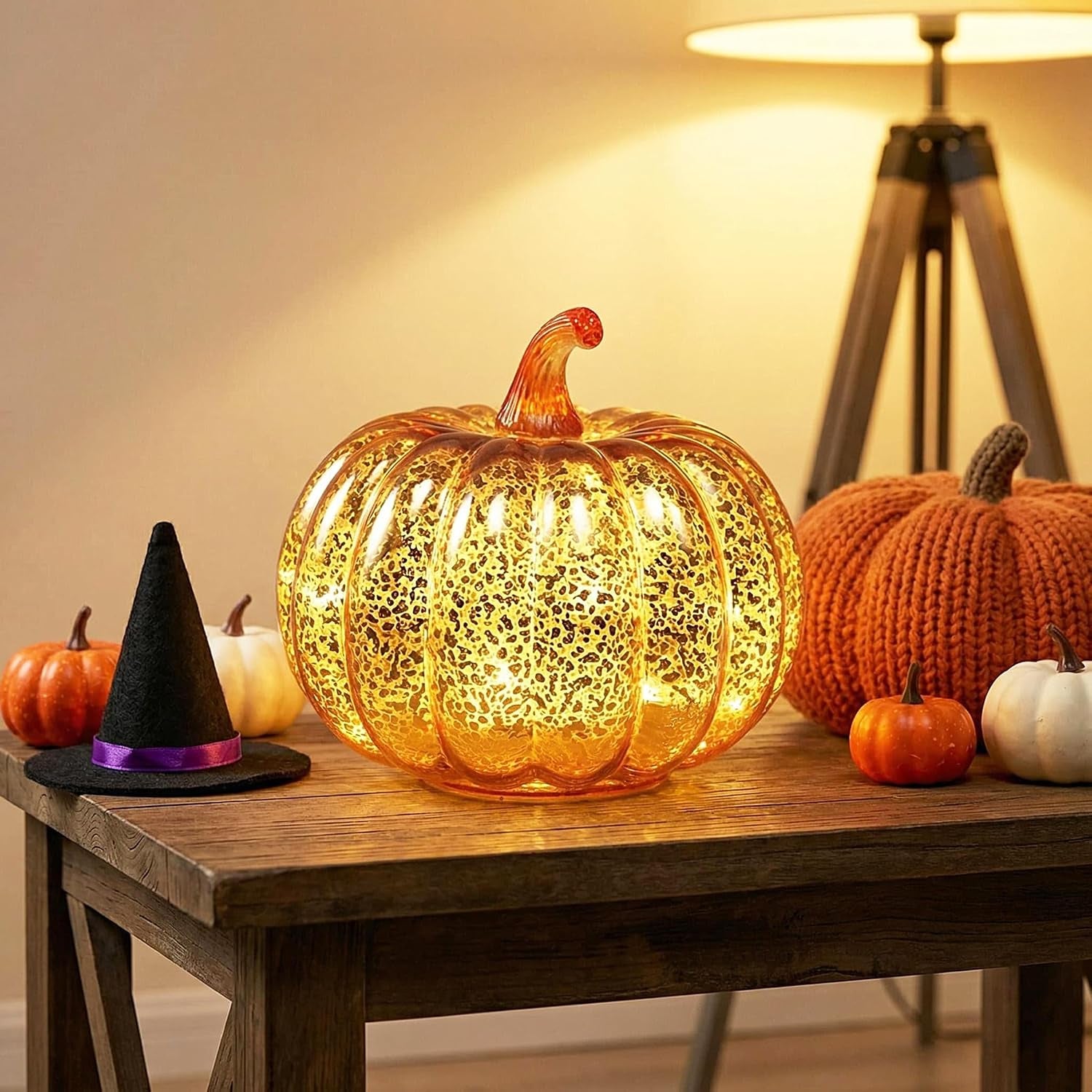 Mercury Glass Light up Pumpkin Light with Timer, with 10 Led Lights Inside,Battery Operated Led Pumpkin Light,Ideal for Halloween Fall Decoration, Thanksgiving Rustic Decor(Gold)