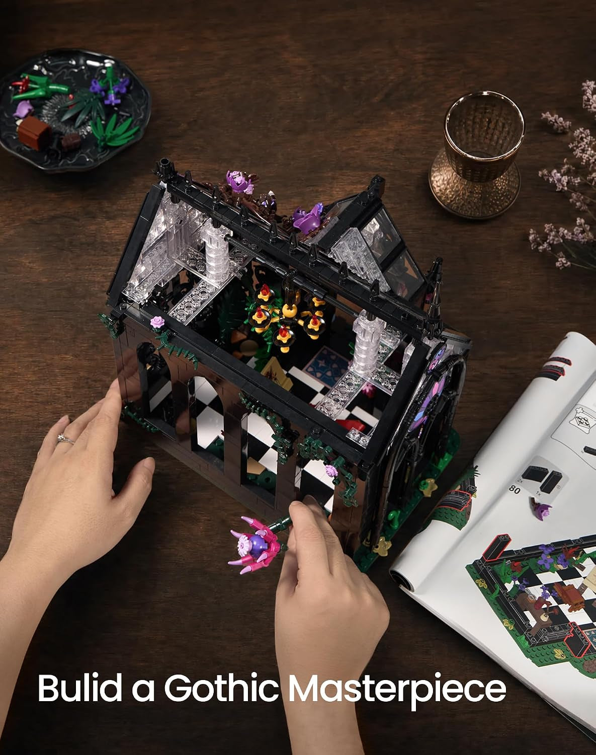 Gothic Greenhouse Building Set with LED Lights, Botanical Garden Brick Kit | 1378Pcs Stained Glass Architecture Building Kits, Rose Vines Flower House Display Decor, Halloween Gothic Gifts for Adults