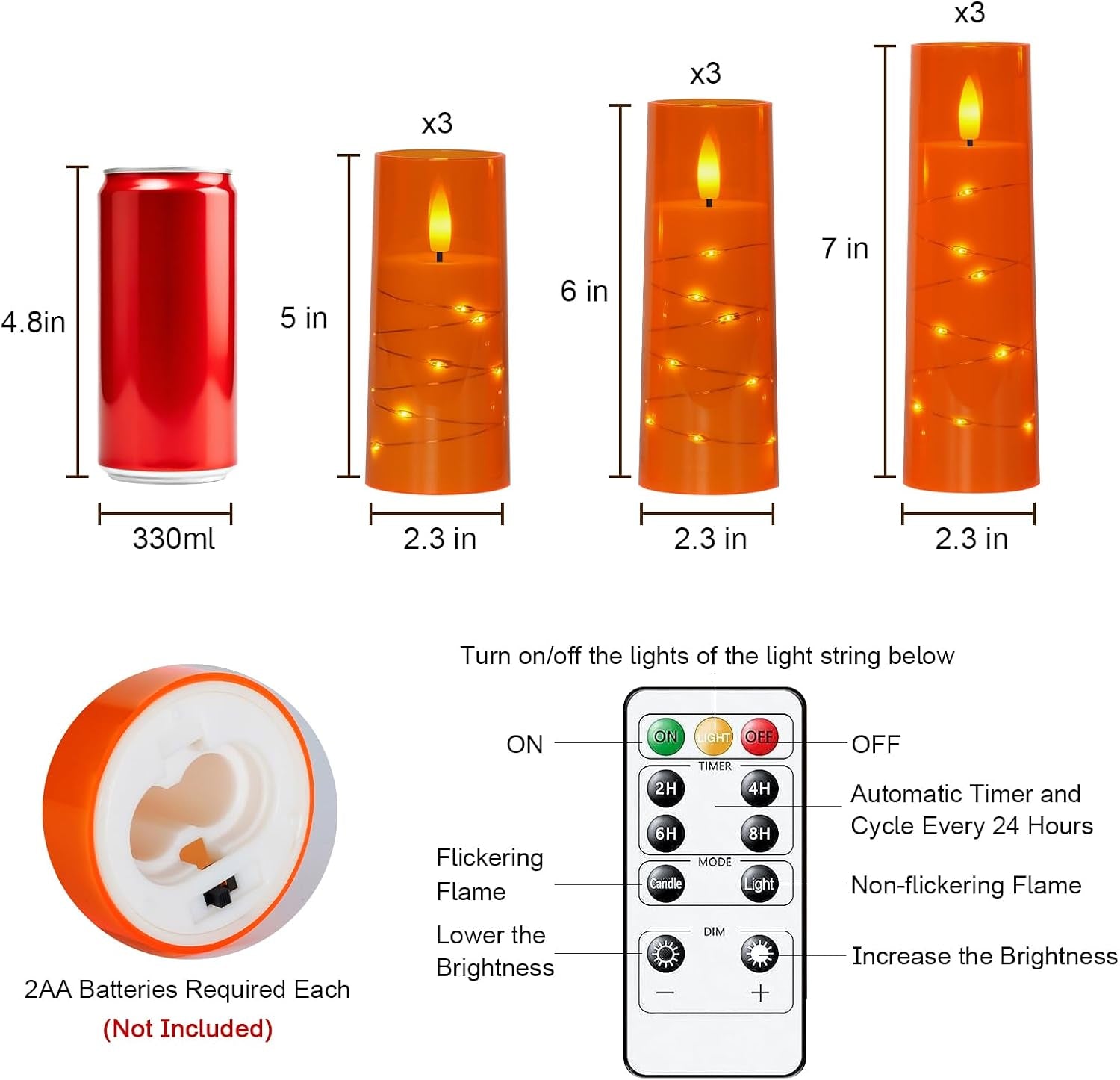 Flameless Candle with Remote Timer – 9 Flickering Acrylic Battery Operated LED Pillar Candles with Embedded Star String for Halloween, Home Decor, and as a Gift (Orange)
