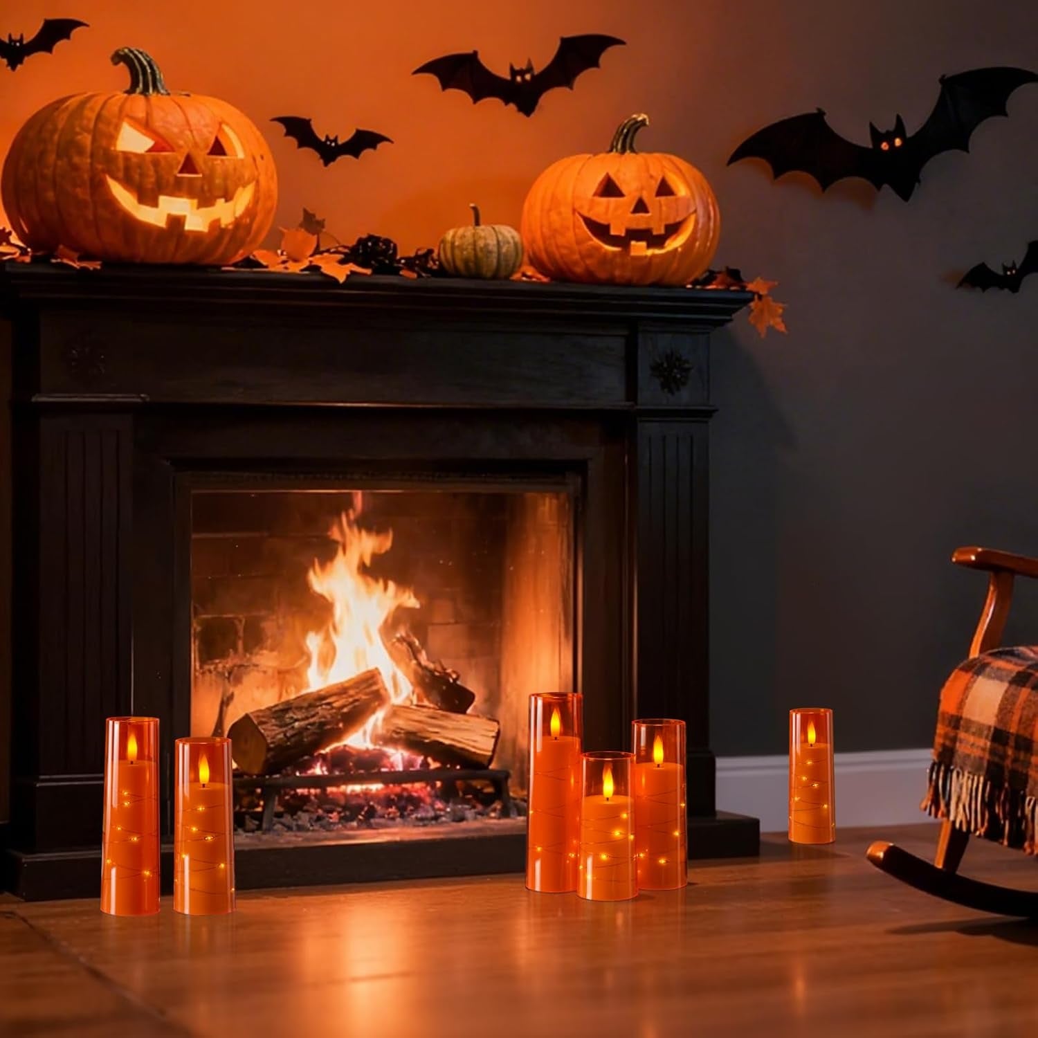 Flameless Candle with Remote Timer – 9 Flickering Acrylic Battery Operated LED Pillar Candles with Embedded Star String for Halloween, Home Decor, and as a Gift (Orange)