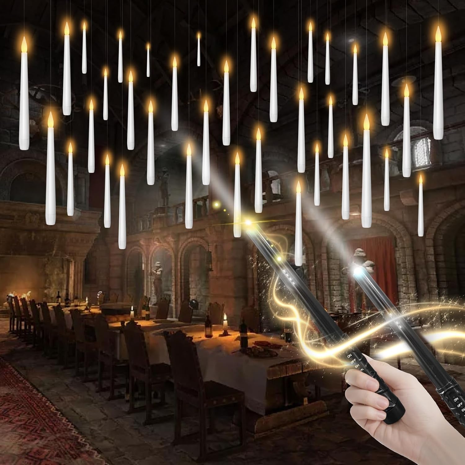 Ghost Flameless Floating Candles with Wand Remote, 12 Pcs Magic Flickering Battery Operated LED Hanging Taper Candles for Halloween Party Decoration(White)
