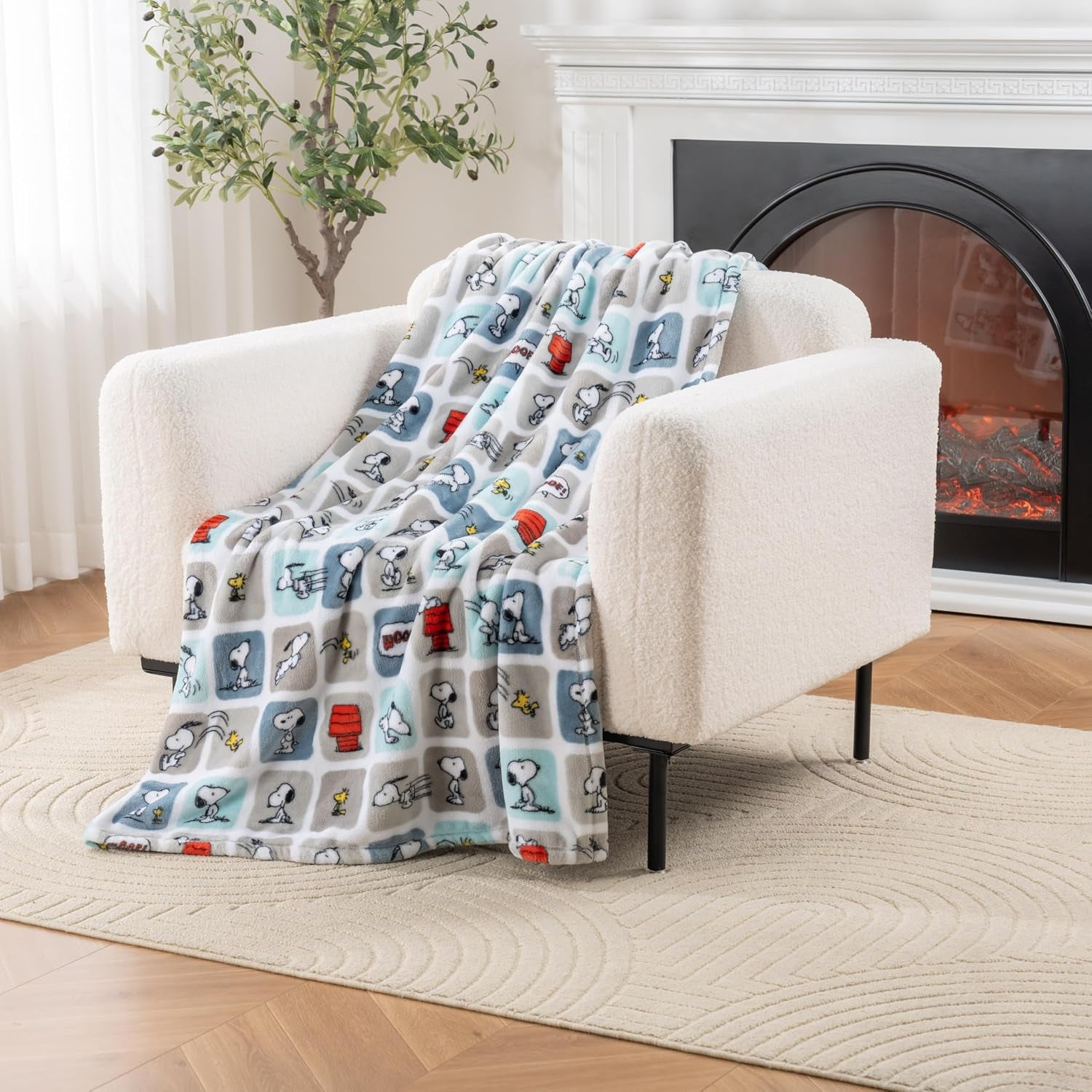Peanuts® Velvetloft® Cute Character Snoopy Plush Throw Blanket,Snoopy and Woodstock Fall Birds & Leafs Orange,Throw 55 in X 70 in (Official Peanuts® Product)