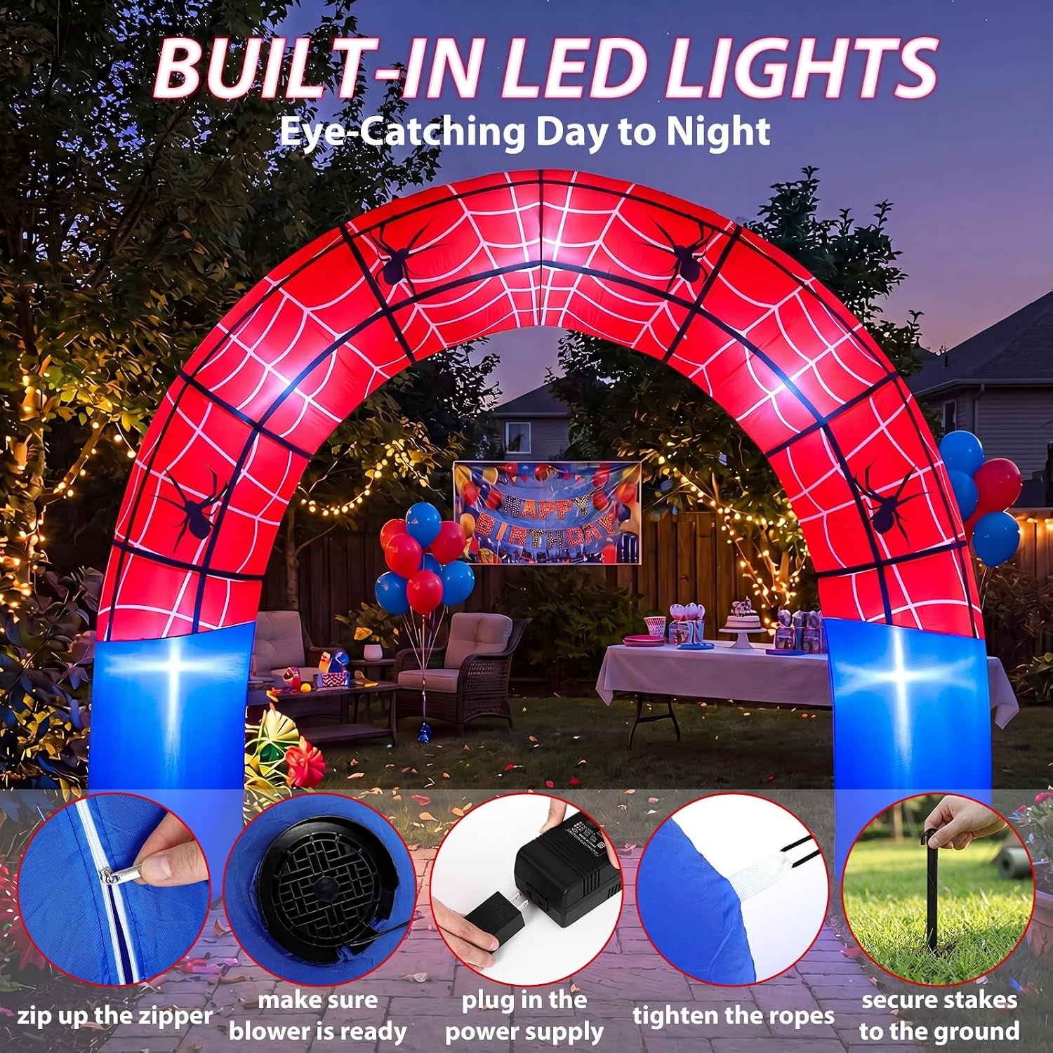 8Ft Giant Spider Web Inflatable Arch Blow up Inflatable Outdoor Yard Decorations with Built in LED Lights Red Spider Web Theme Birthday Party Decor for Garden Lawn