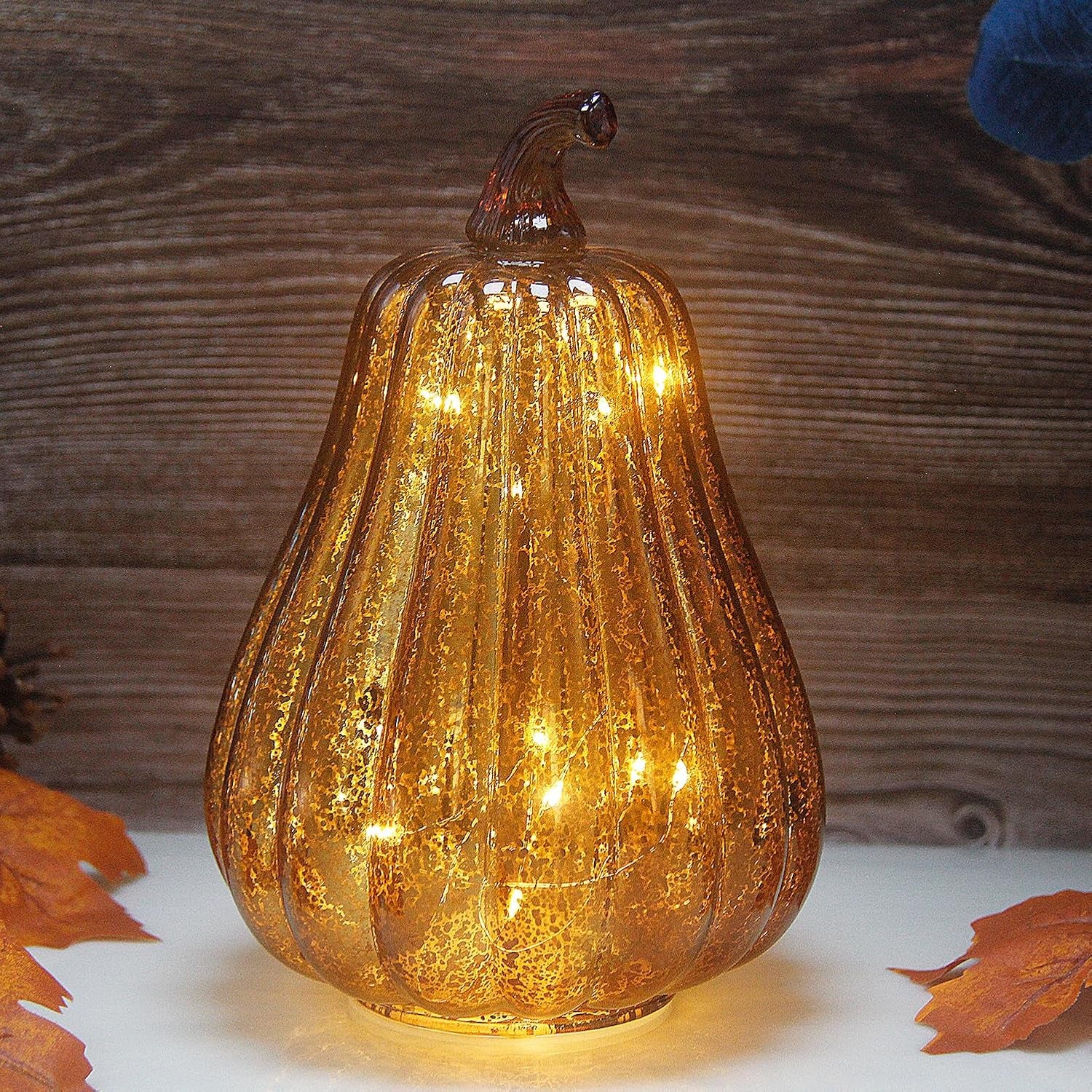Fall Decorations for Home,Mercury Glass Pumpkin Lights with Timer, Battery Operated Led Pumpkin Lights,Light up Glass Pumpkin, Ideal for Halloween Fall Decor, Thanksgiving Decorh:8.5" (Coffee)