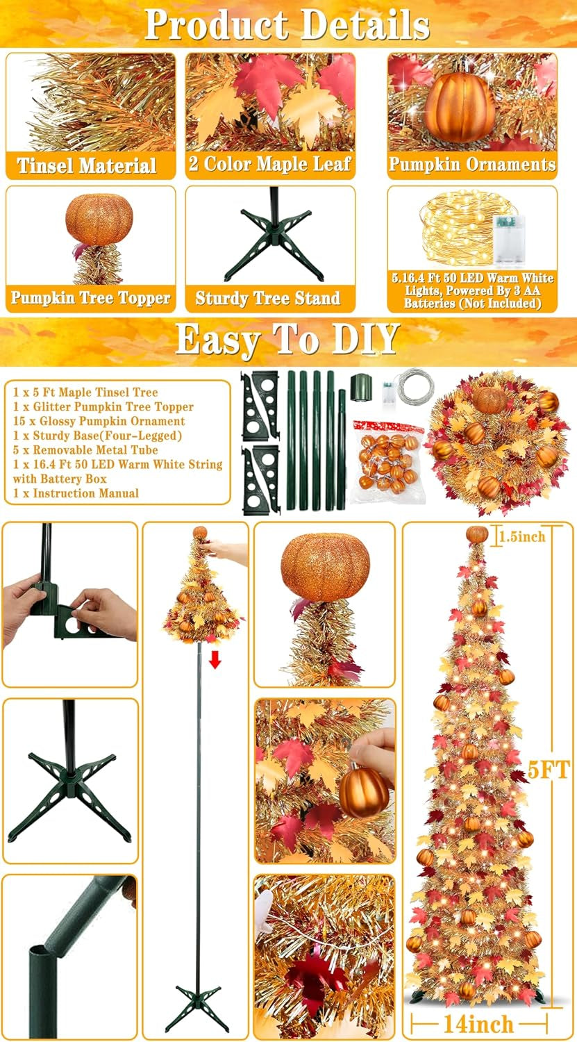 5 FT Fall Tree Fall Decor, Tinsel Maples Tree with 50 Warm White Lights | Orange Pumpkins Battery Operated Lighted Halloween Tree Fall Decorations for Home Harvest Thanksgiving Party Indoor