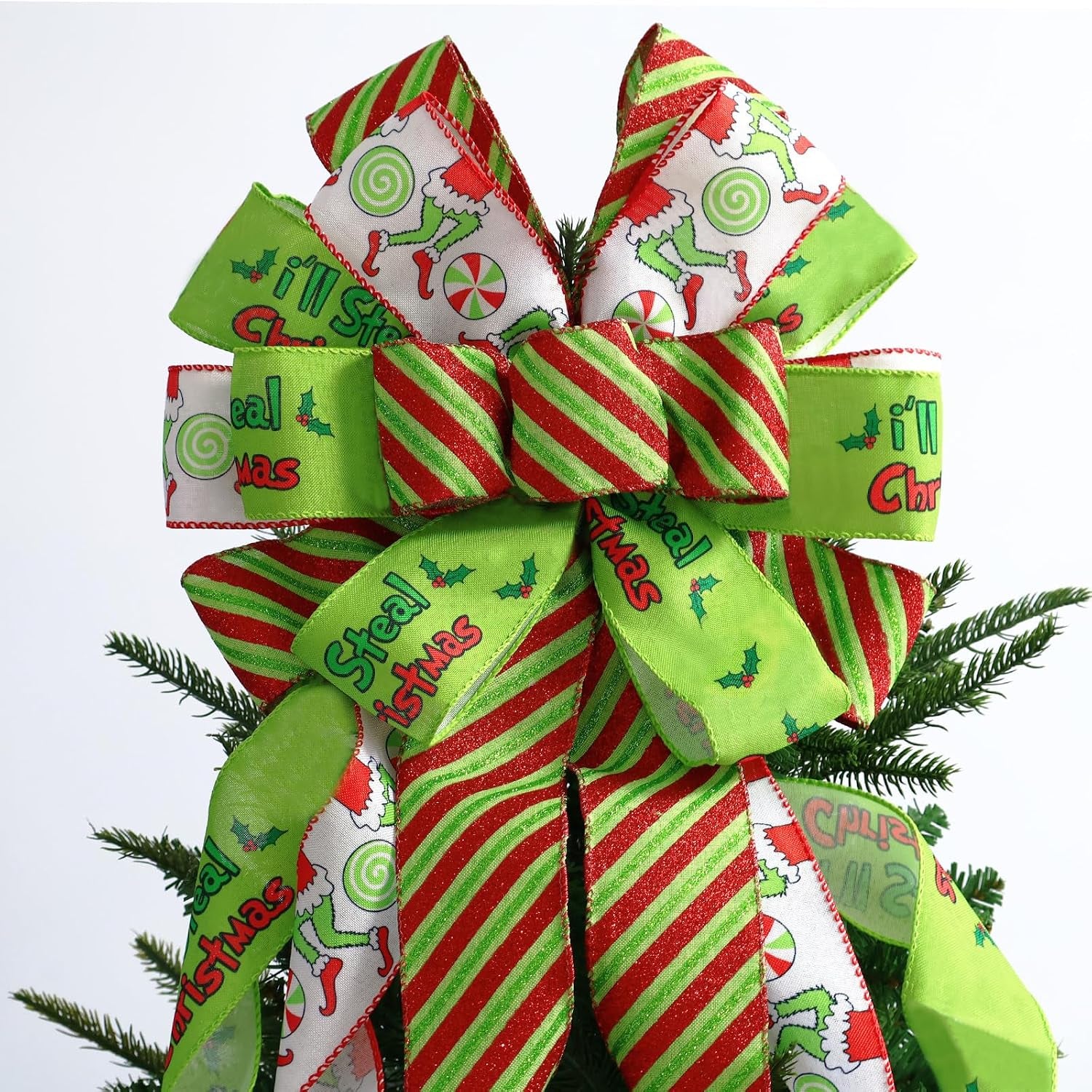 Large Christmas Tree Topper Bow 52X13 Inch, Pre-Tied Wired Wreath Ribbon | Big Festive Xmas Bow Ornaments with Long Streamers for Holiday Indoor Outdoor Home Party Decoration (Green)