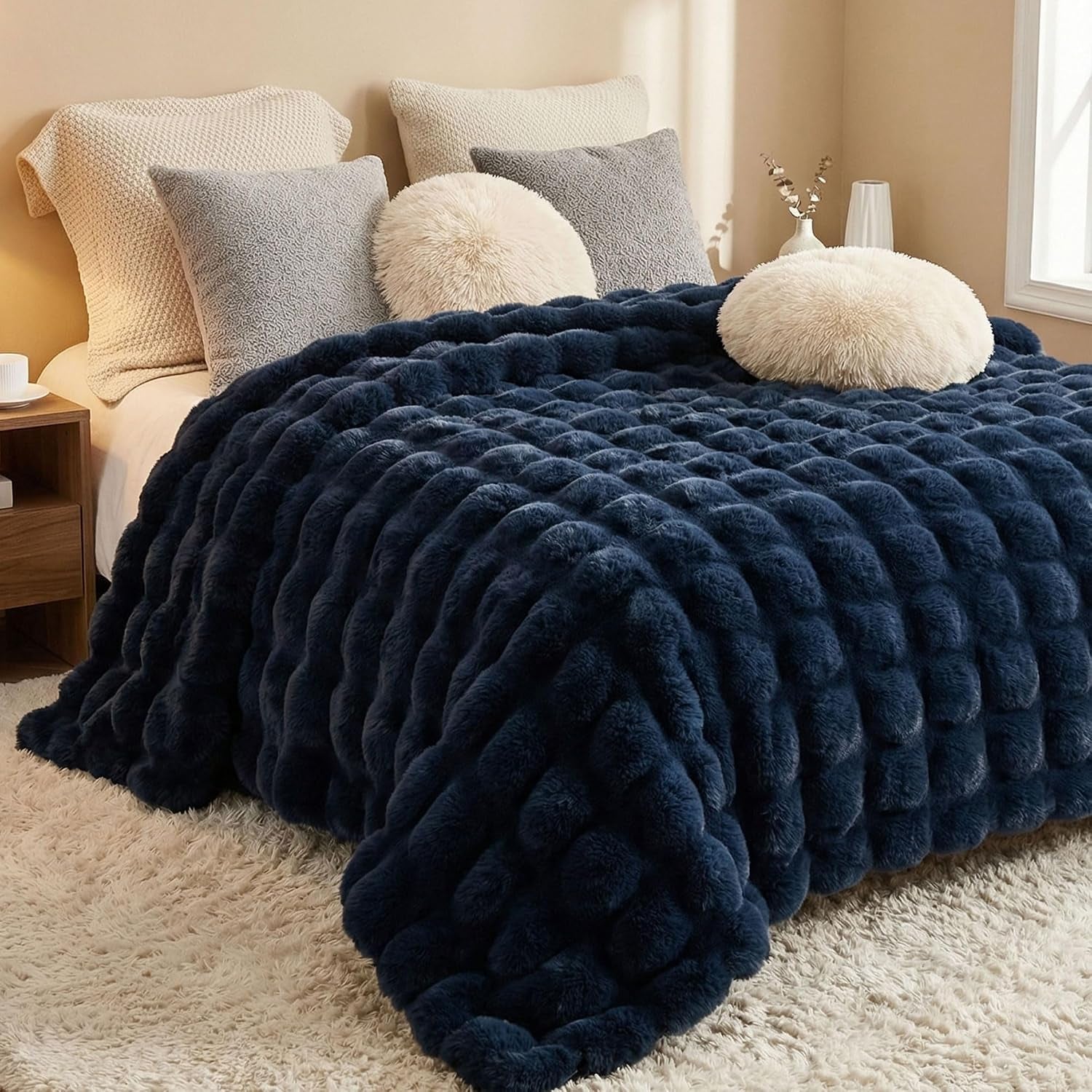Solid Fall Bubble Faux Rabbit Fur Throw Blanket for Couch 50" X 60", Decorative Comfy Puffy Warm Fuzzy Blanket for Winter, Extra Thick Shaggy Cozy Comfy Fluffy Blankets for Adult Kids, Orange