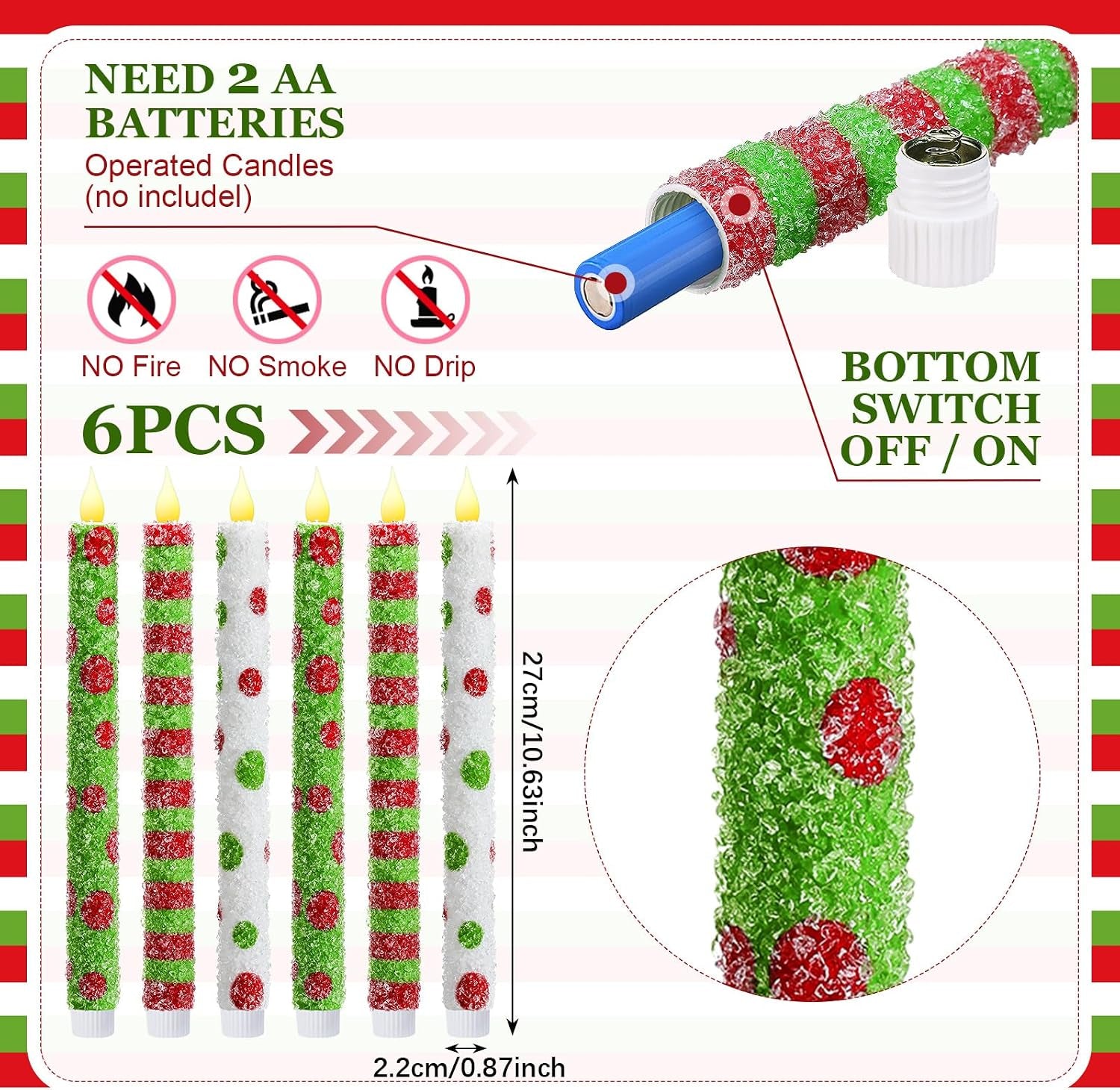 6 Pcs Christmas Flameless Taper Candles 10.6 Inch Elf Theme Candles Battery Operated LED Christmas Candlesticks for Xmas Centerpiece Holiday Party Decor