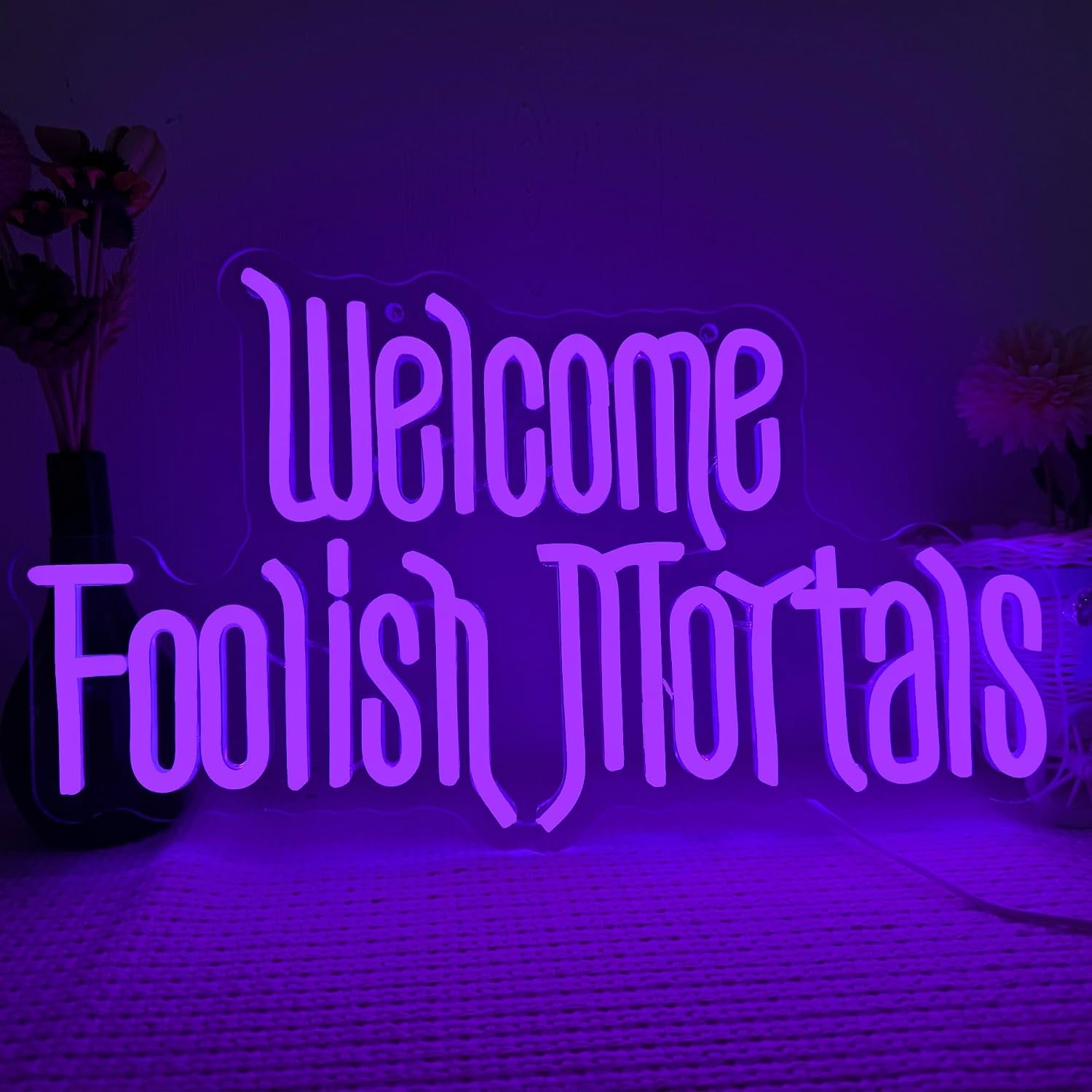 Welcome Foolish Mortals Neon Sign, Halloween Neon Light Spooky Gothic Haunted Mansion LED Coffin Decor USB Powered, for Horror Movie Party Haunted House Man Cave Home Room Themed Bars(16.1 * 9.4 In)