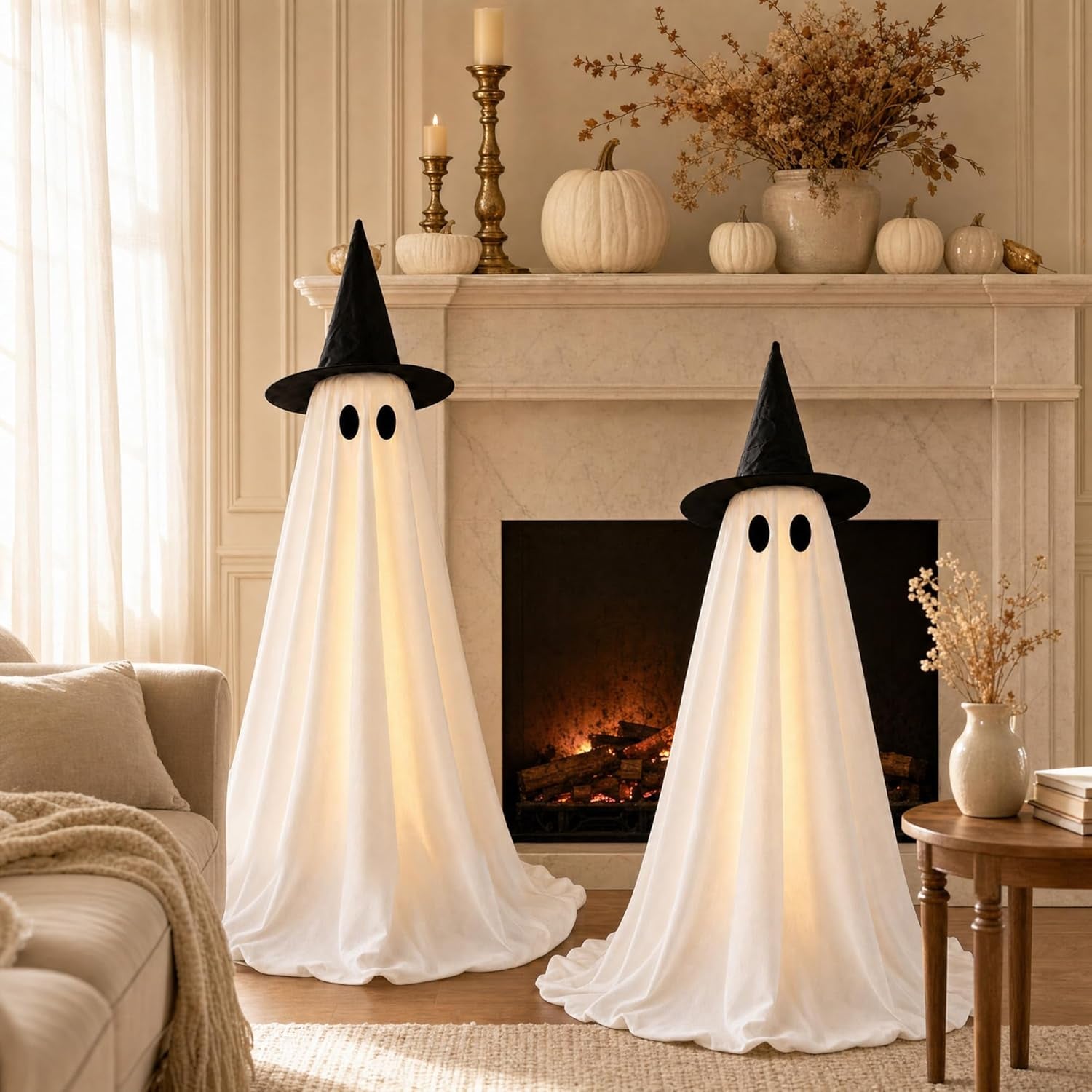 Halloween Decorations Indoor 2 Pack Light up Ghosts | Easy to Assemble,Adjustable Height,30 Lights,Durable Material,Great for Halloween Party,Porch,Mantel,Home Decor