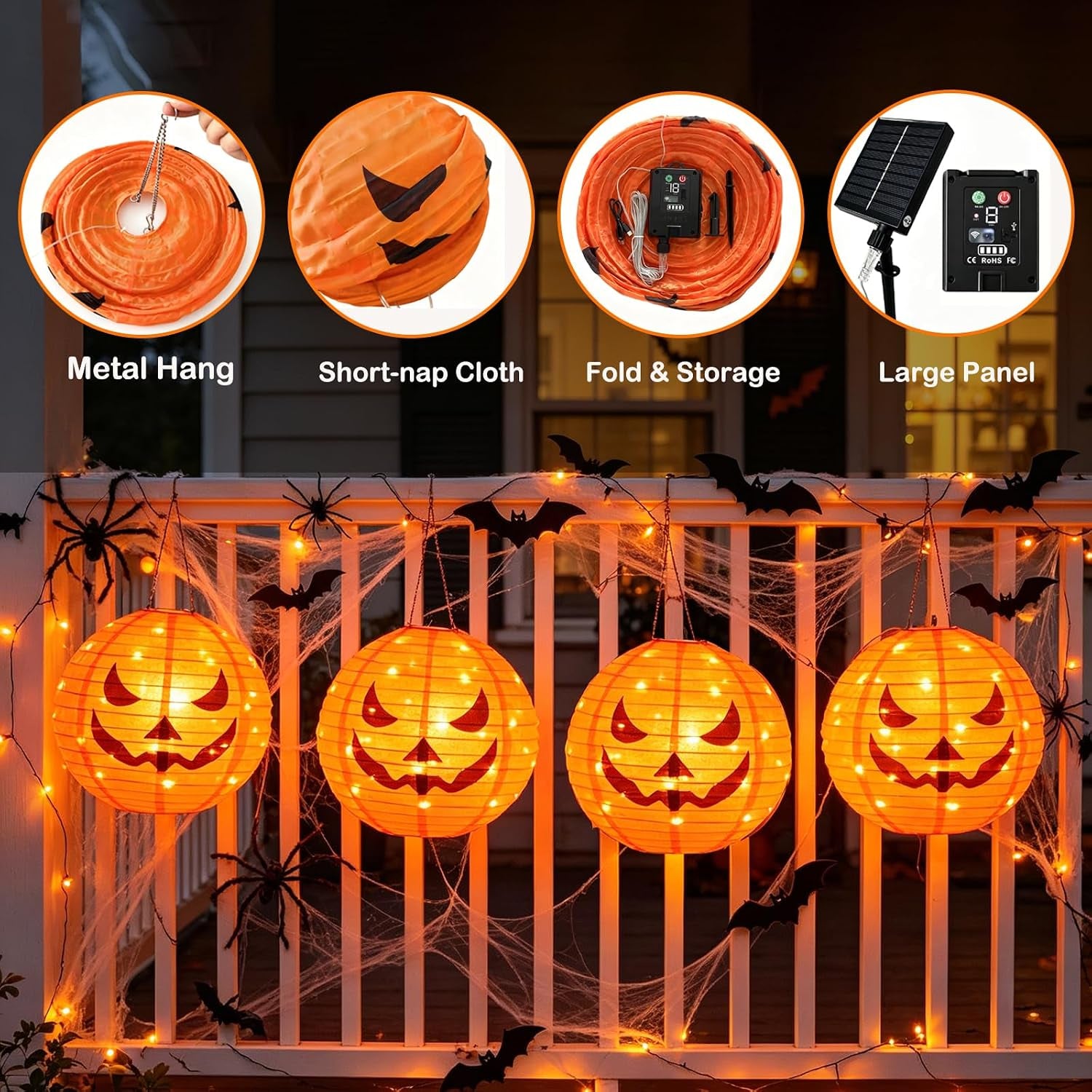 4Pcs Solar Pumpkin Lights Outdoor Hanging Halloween Decorations | 12-Inch Jack O Lantern, 160 Leds & 8 Modes, Waterproof Outdoor Halloween Lights for Yard Porch Trick-Or-Treat Party