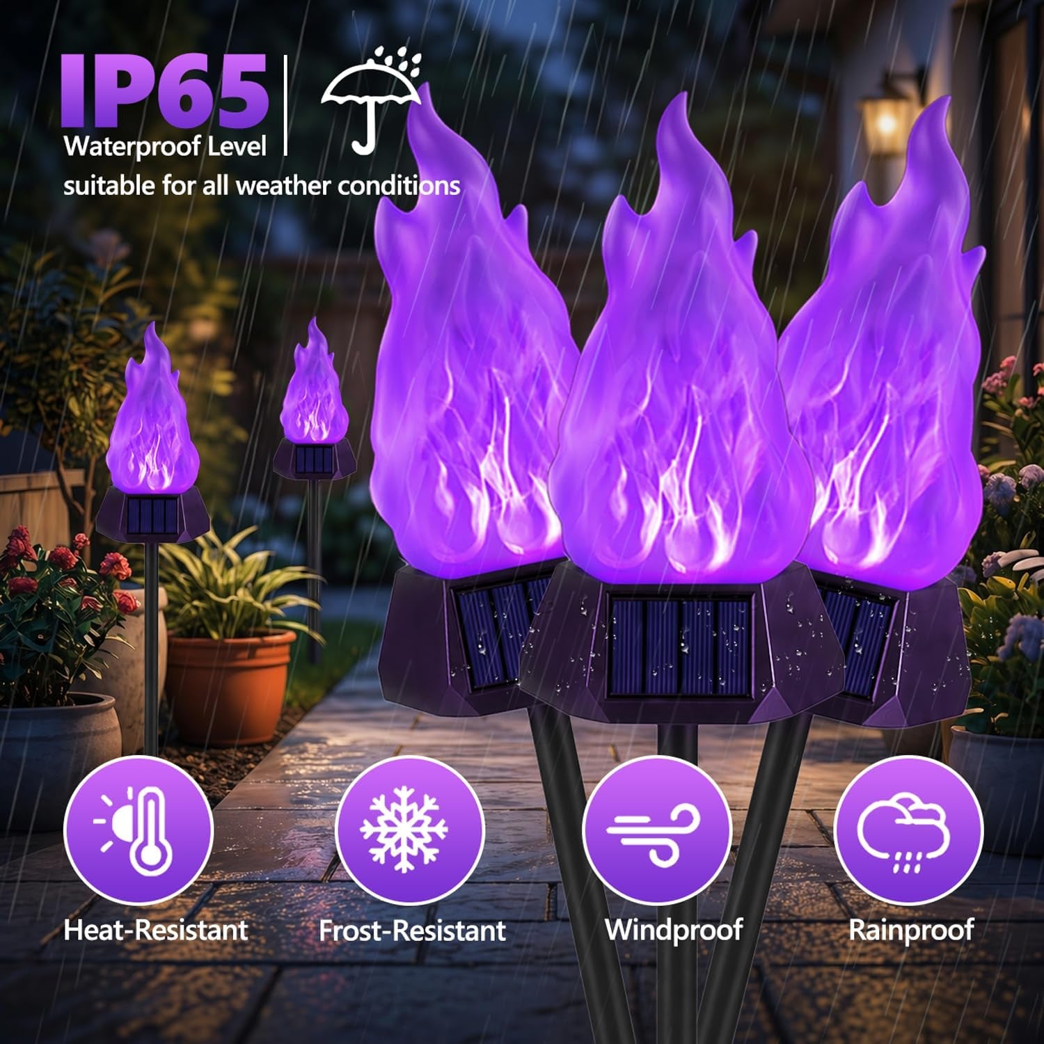 Solar Outdoor Torch Lights with Flickering Flame, 4 Pack Solar Pathway Decorative Lights, Waterproof LED Flame Torches for Outdoor Camping Garden Landscape Patio Path Yard Decorations - Purple