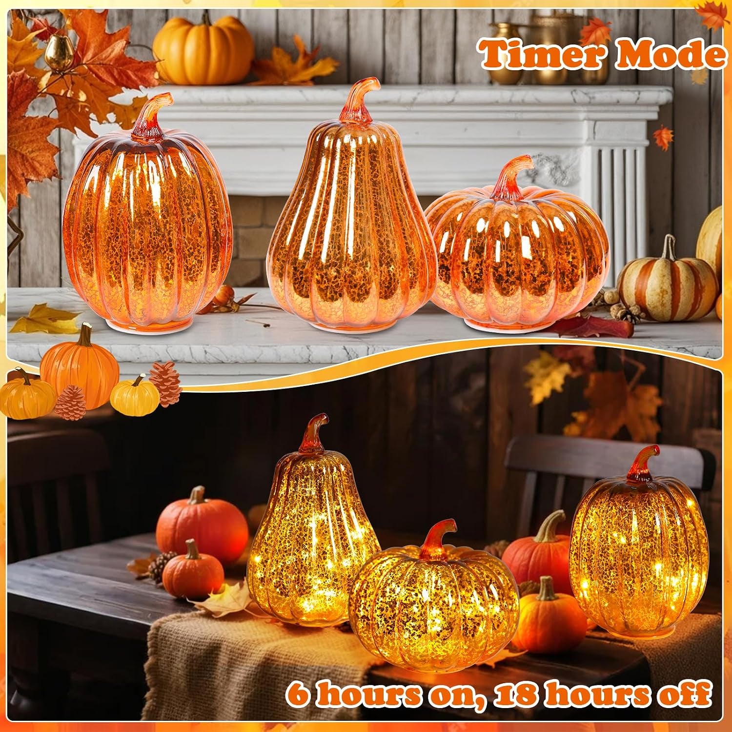 Mercury Glass Pumpkin Lights Fall Porch Decorations Halloween Holiday Gift | Light up Glass Pumpkins with Timer Autumn Thanksgiving Indoor/Outdoor Decor,3Pcs Starry Night Pumpkin for Tabletop