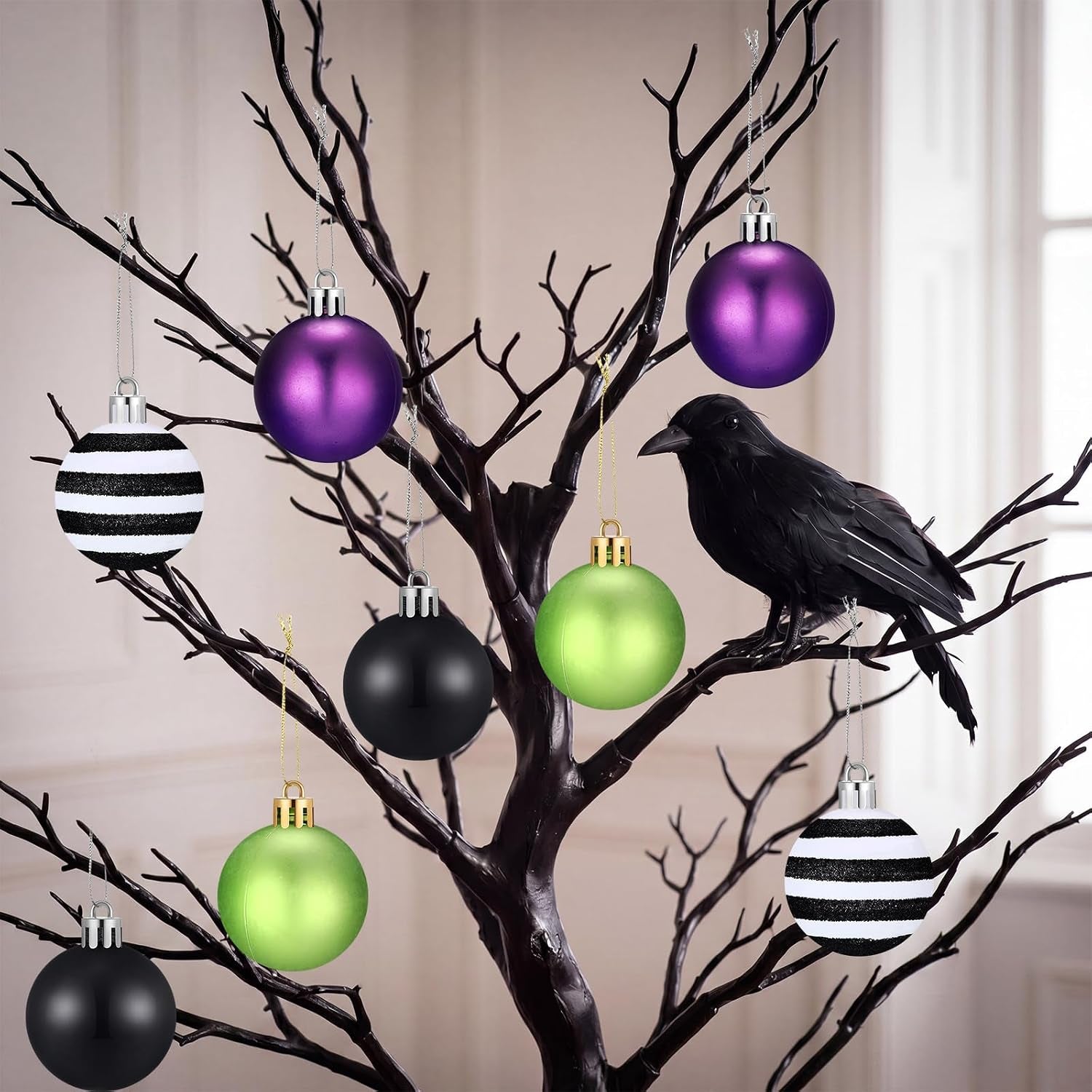 12 Pcs Halloween Ball Ornaments 2.36 Inch Black Purple Green Stripe Hanging Ball Ornaments Halloween Tree Decoration for Nightmare Party Christmas Decoration Supplies