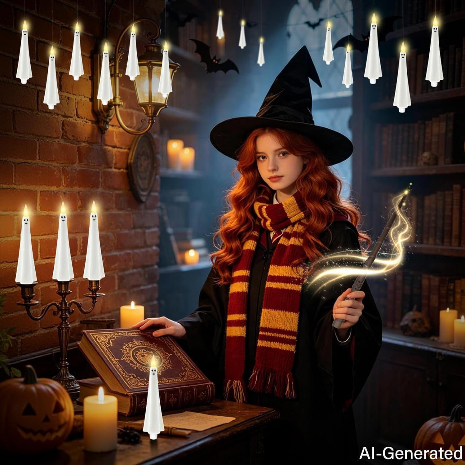 Ghost Flameless Floating Candles with Wand Remote, 12 Pcs Magic Flickering Battery Operated LED Hanging Taper Candles for Halloween Party Decoration(White)