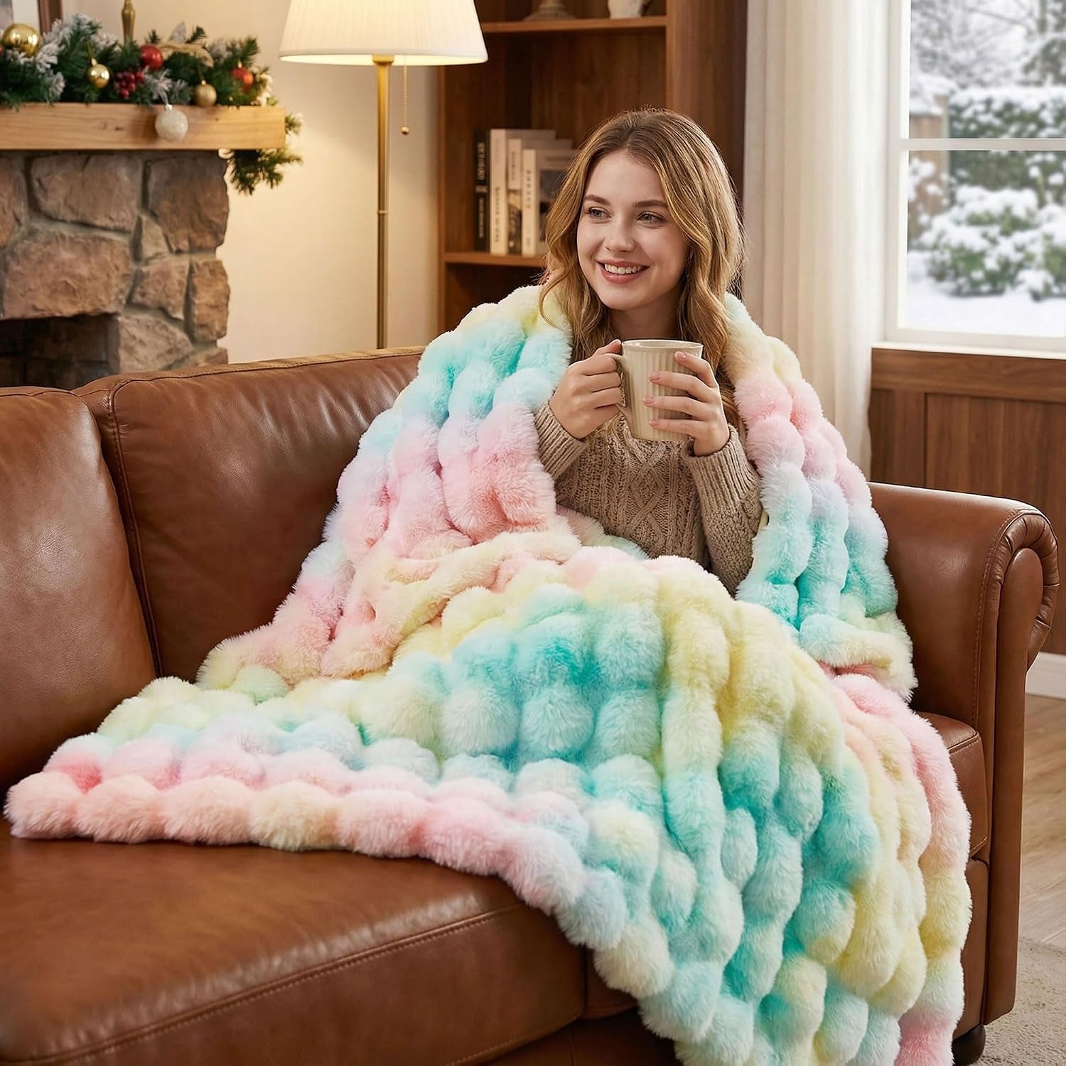 Solid Fall Bubble Faux Rabbit Fur Throw Blanket for Couch 50" X 60", Decorative Comfy Puffy Warm Fuzzy Blanket for Winter, Extra Thick Shaggy Cozy Comfy Fluffy Blankets for Adult Kids, Orange