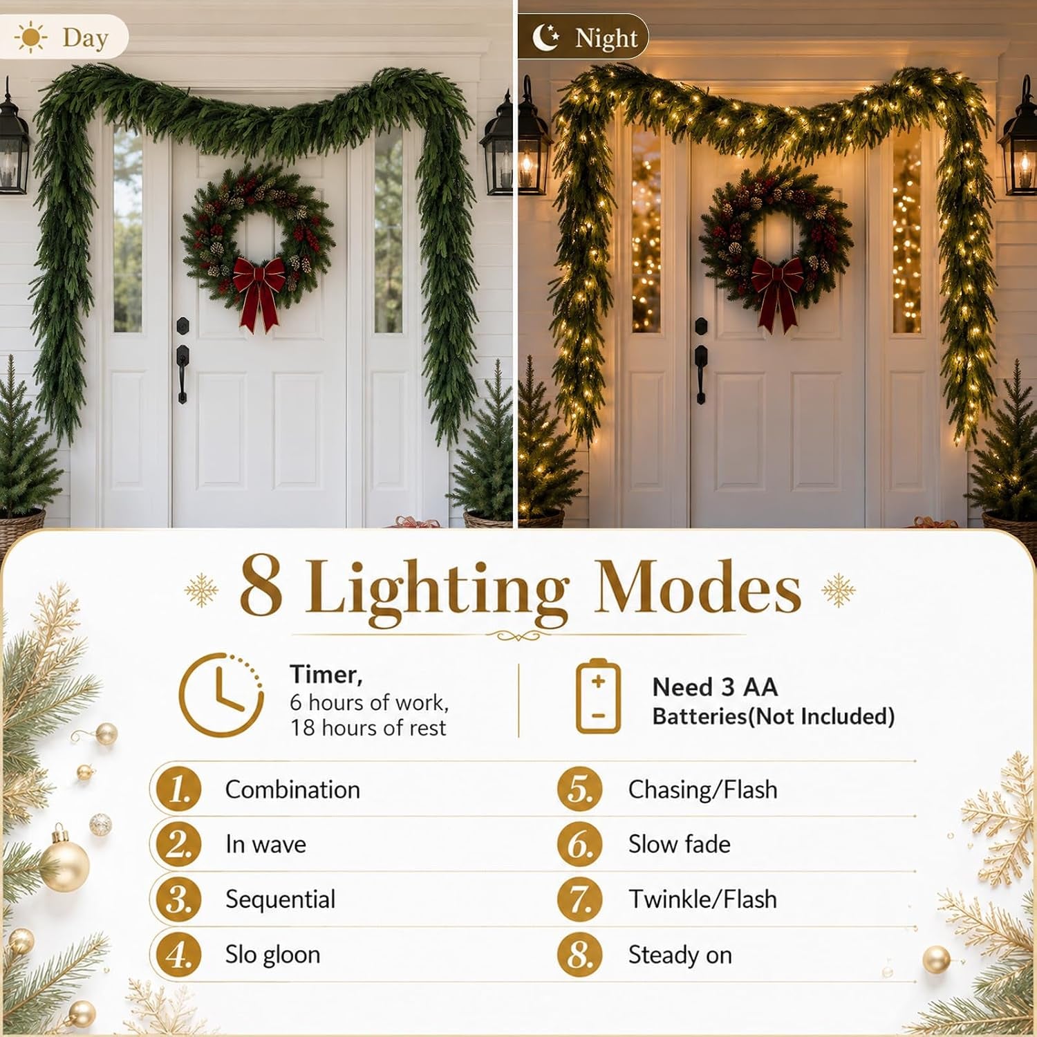 9FT Christmas Norfolk Pine Pre-Lit Garland with 70 LED Lights Real Touch Prelit Garland Christmas Greenery Garlands for Table Mantle Fireplace Stairs Indoor Outdoor Xmas Decorations