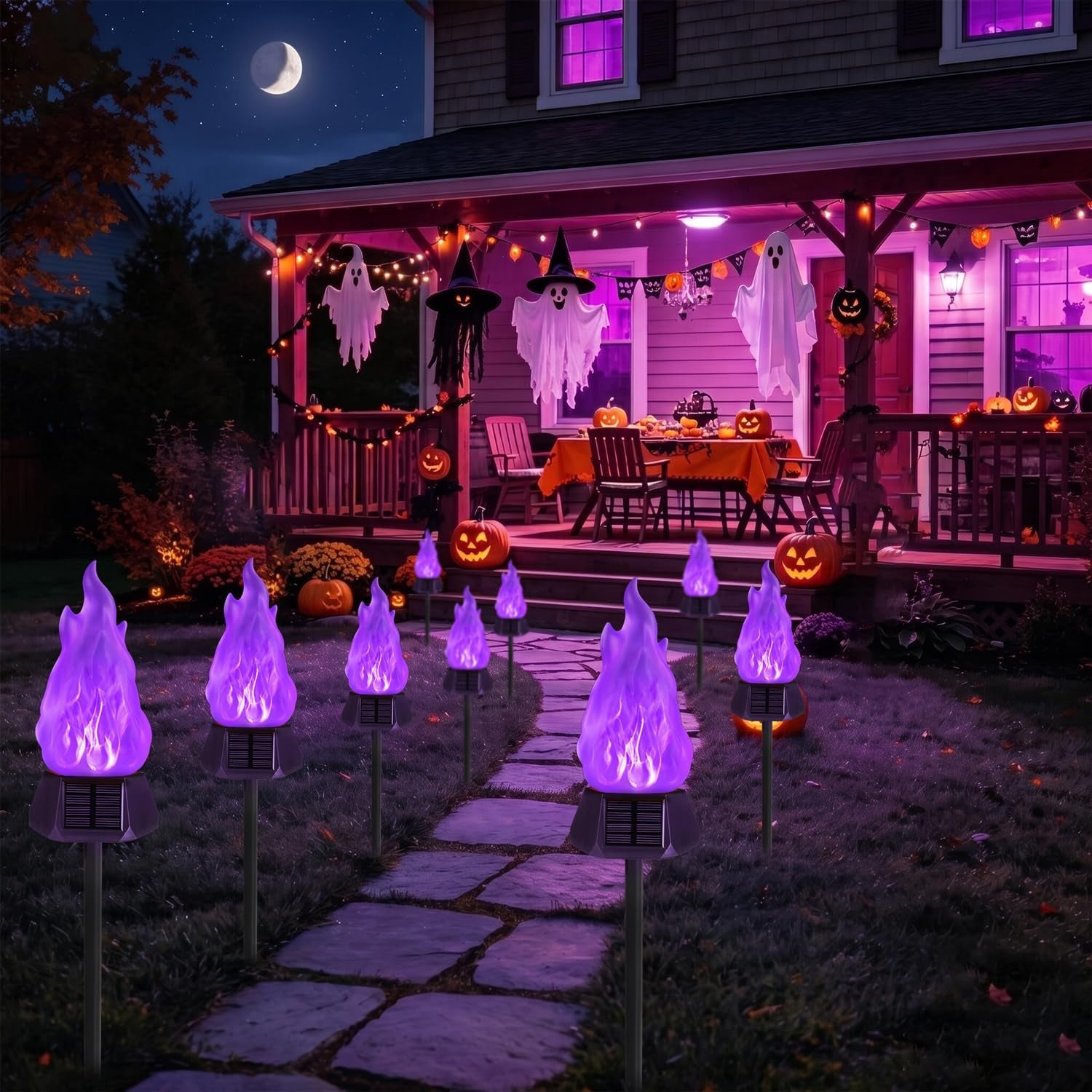Solar Outdoor Torch Lights with Flickering Flame, 4 Pack Solar Pathway Decorative Lights, Waterproof LED Flame Torches for Outdoor Camping Garden Landscape Patio Path Yard Decorations - Purple