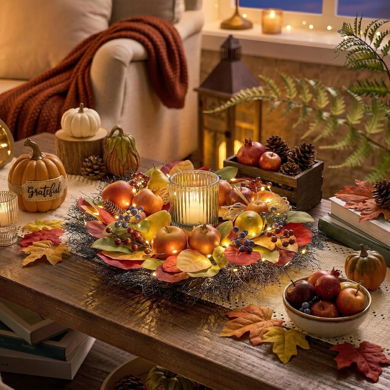 24'' Collapsible Pre-Lit Fruits Fall Wreath for Front Door | Faux Pomegranate & Apples & Maple Leaves & Greeting Plaque & LED Light for Fireplace,Porch,Autumn Thanksgiving Harvest Decor