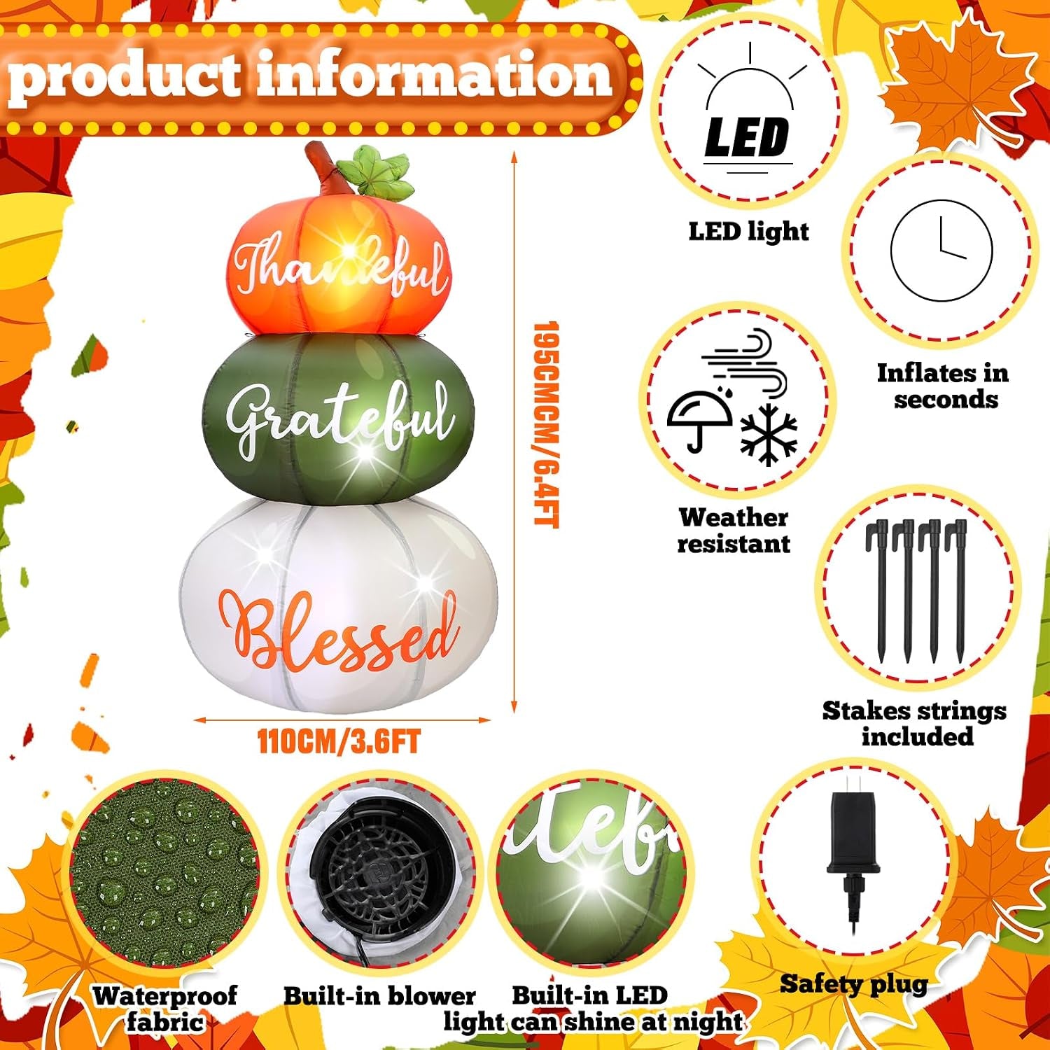 6.4Ft Thanksgiving Inflatable Stacked Pumpkins with LED, Yard Decor | Built-In LED, Thankful Grateful Blessed Design, Weather Resistant, Stakes Tethers Include, Lawn, Garden, Porch, Harvest Decor