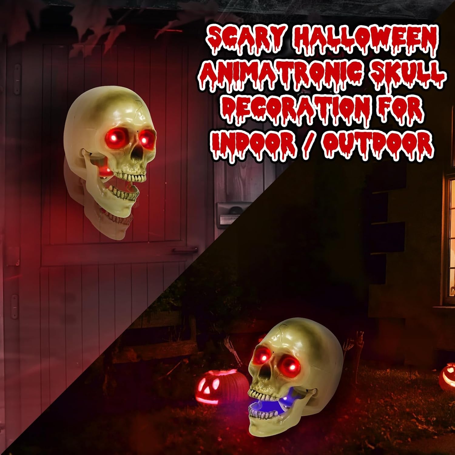 Halloween Animatronic Talking Hanging Skull Head Decorations Outdoor | Sound/Light Sensor Activated, Red Glowing Eyes, Shaking Jaw, Spooky Sounds, Wall Mounted, Indoor/Home, Haunted House/Party