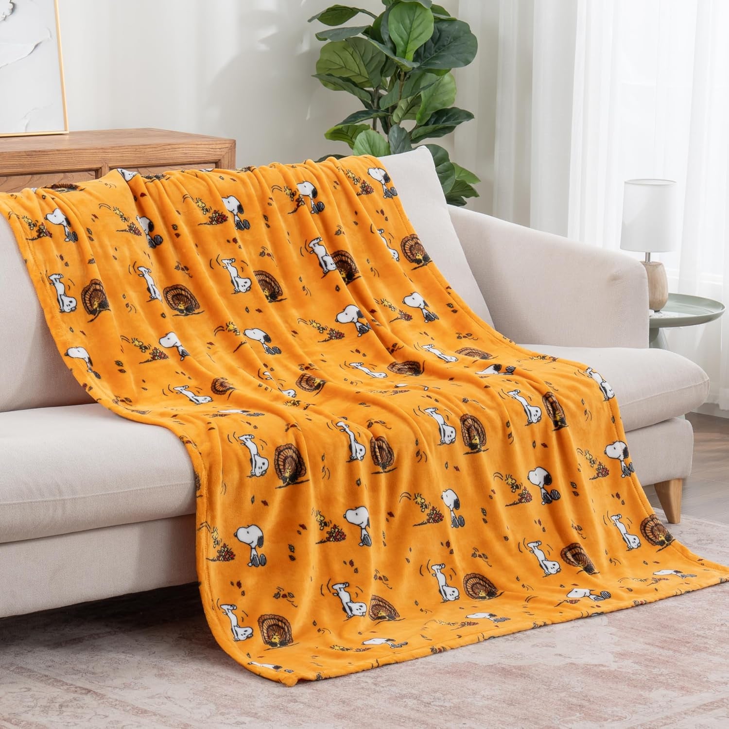 Peanuts® Velvetloft® Cute Character Snoopy Plush Throw Blanket,Snoopy and Woodstock Fall Birds & Leafs Orange,Throw 55 in X 70 in (Official Peanuts® Product)
