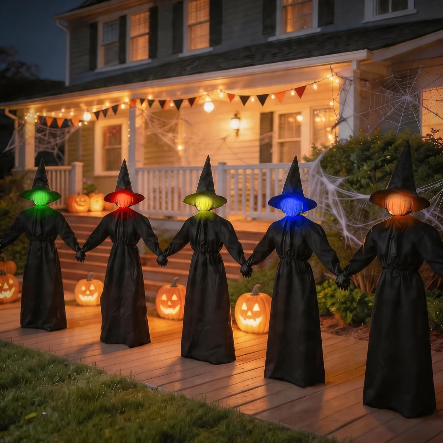 Halloween Decorations Outdoor, 5 Pack 4.3 FT Light up Holding Hands Witches | Witch Decor with Color Changing Glowing Face, Halloween Witch Decor with Stake for Yard Lawn Garden Porch Haunted House Decor