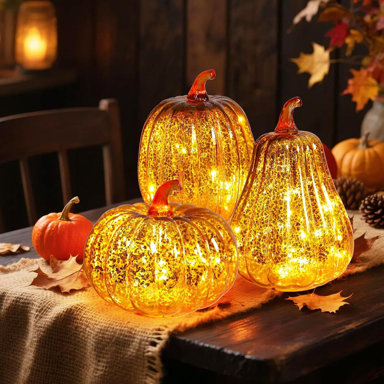 Mercury Glass Pumpkin Lights Fall Porch Decorations Halloween Holiday Gift | Light up Glass Pumpkins with Timer Autumn Thanksgiving Indoor/Outdoor Decor,3Pcs Starry Night Pumpkin for Tabletop