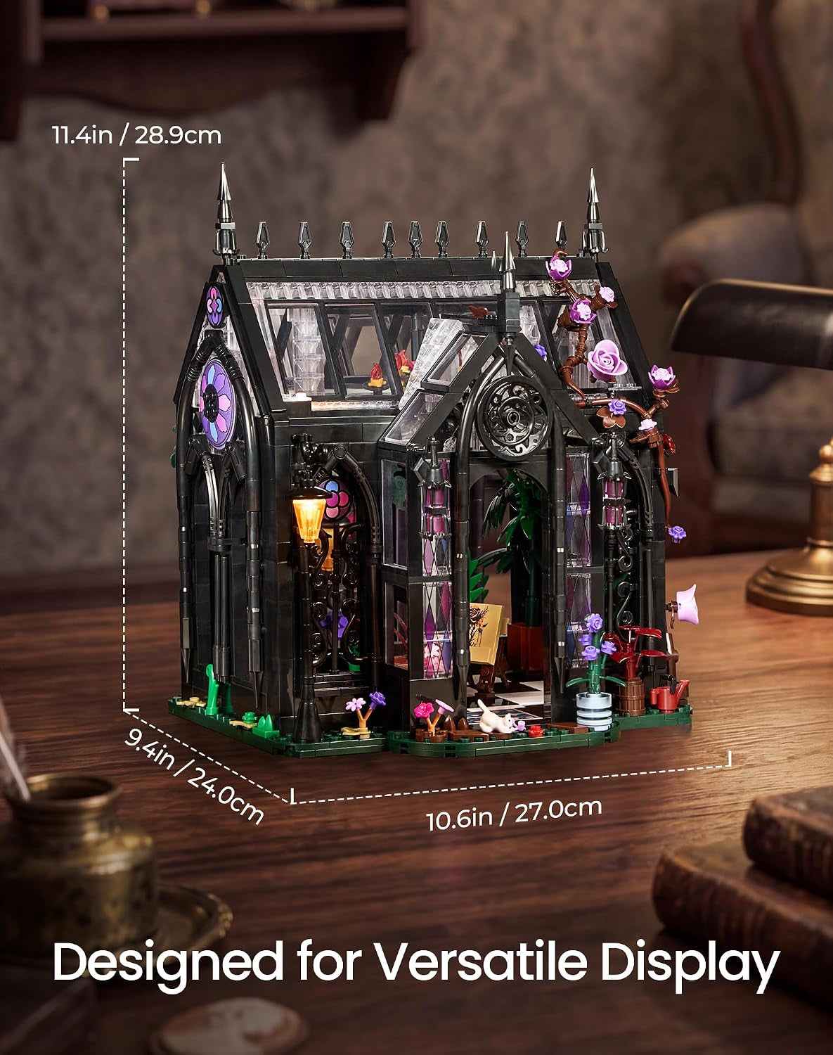 Gothic Greenhouse Building Set with LED Lights, Botanical Garden Brick Kit | 1378Pcs Stained Glass Architecture Building Kits, Rose Vines Flower House Display Decor, Halloween Gothic Gifts for Adults