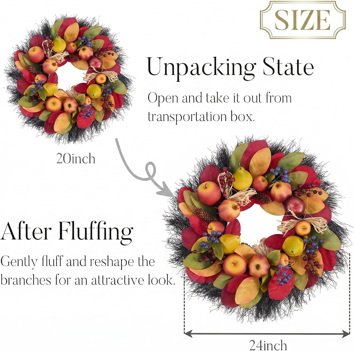 24'' Collapsible Pre-Lit Fruits Fall Wreath for Front Door | Faux Pomegranate & Apples & Maple Leaves & Greeting Plaque & LED Light for Fireplace,Porch,Autumn Thanksgiving Harvest Decor