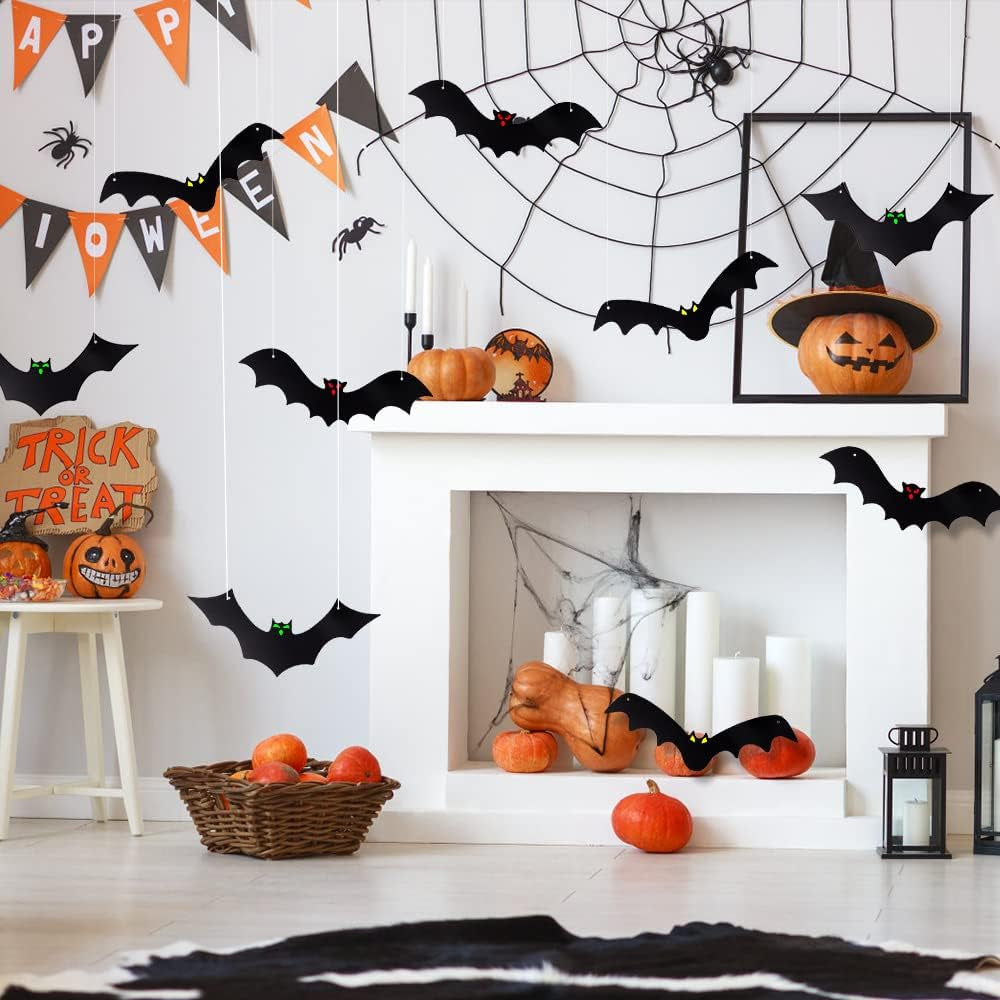 Halloween Hanging Bats for 12PCS 3D Halloween Yard Outdoor Decoration | 3 Styles Realistic Scary Large Fake Black Hanging Flying Bat Spooky for Halloween Indoor Sign Lawn Decorations