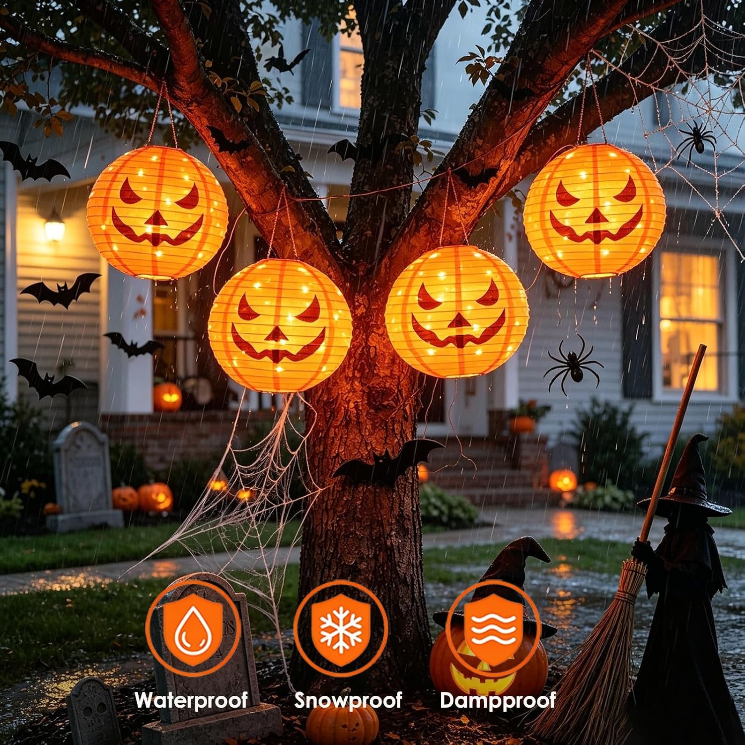 4Pcs Solar Pumpkin Lights Outdoor Hanging Halloween Decorations | 12-Inch Jack O Lantern, 160 Leds & 8 Modes, Waterproof Outdoor Halloween Lights for Yard Porch Trick-Or-Treat Party