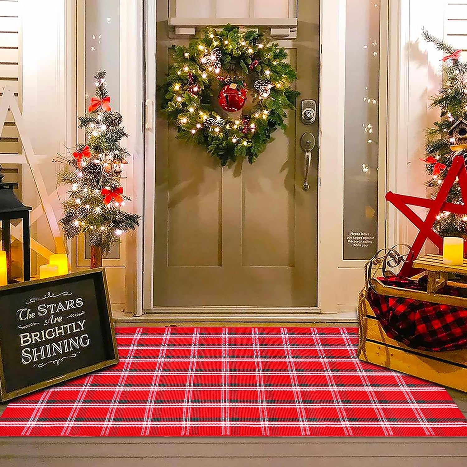 Orange and White Plaid Rug, 3' X 5' Fall Front Door Decor Mat, Cotton Washable Hand-Woven Door Mat for Layered Doormat, Autumn Halloween Thanksgiving Carpet for Porch, Entryway