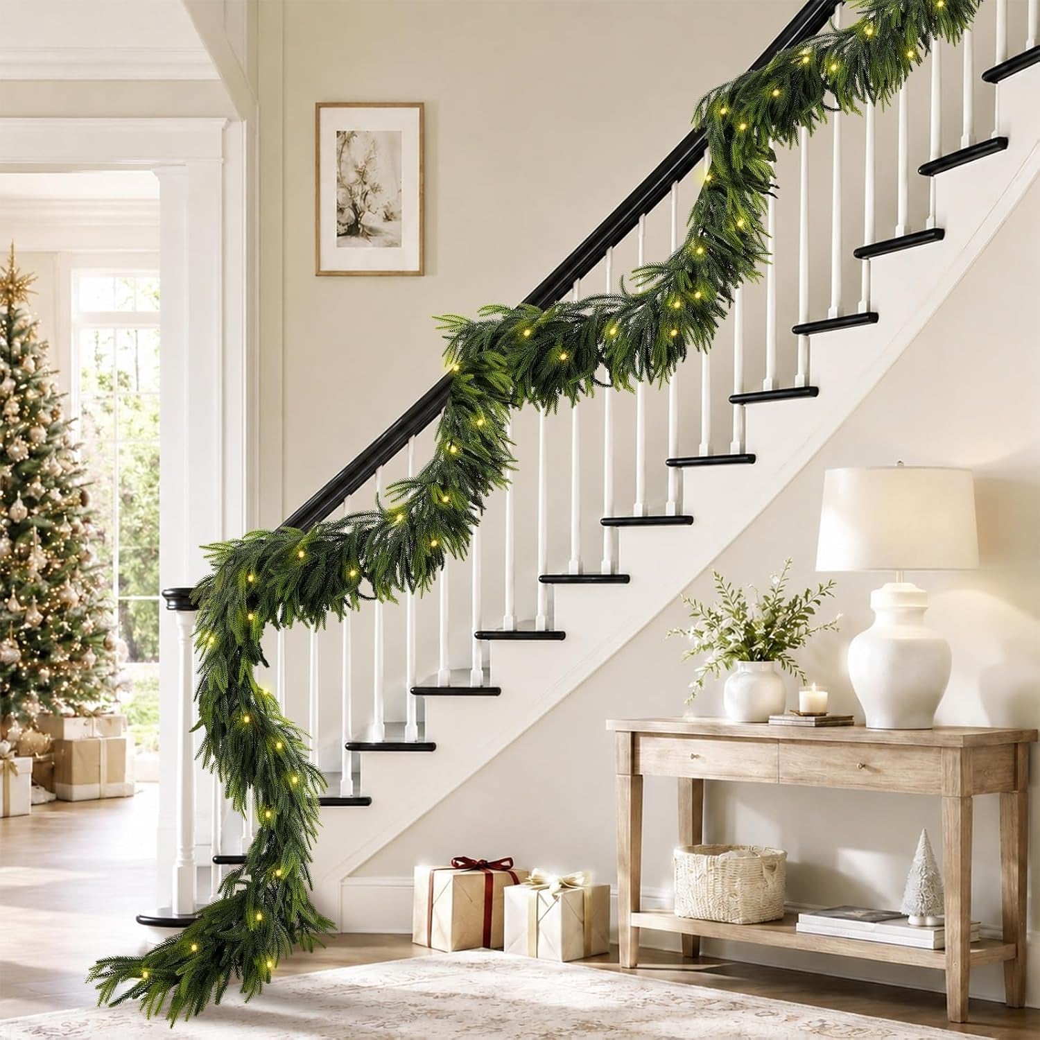 9FT Christmas Norfolk Pine Pre-Lit Garland with 70 LED Lights Real Touch Prelit Garland Christmas Greenery Garlands for Table Mantle Fireplace Stairs Indoor Outdoor Xmas Decorations