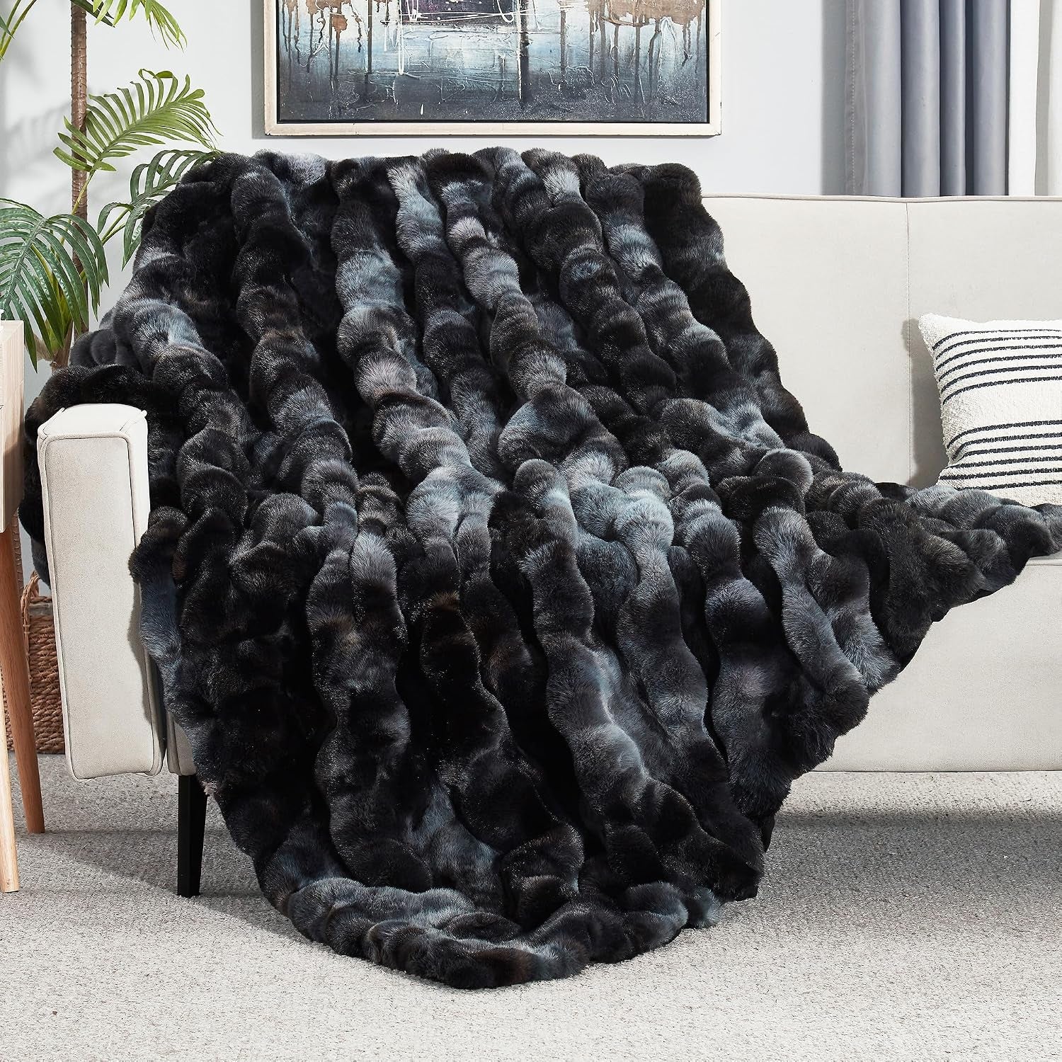 Solid Fall Bubble Faux Rabbit Fur Throw Blanket for Couch 50" X 60", Decorative Comfy Puffy Warm Fuzzy Blanket for Winter, Extra Thick Shaggy Cozy Comfy Fluffy Blankets for Adult Kids, Orange
