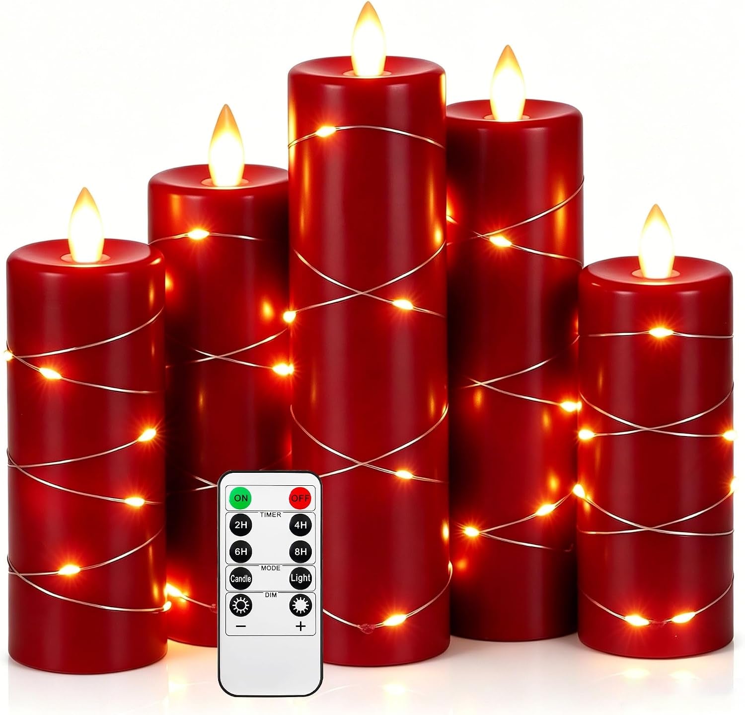 5 Pack Red Real Wax Flameless Taper Candles, Lifelike Flickering LED Candles with Copper String Lights, Battery Operated Candles with Remote for Holiday Wedding Home Decor