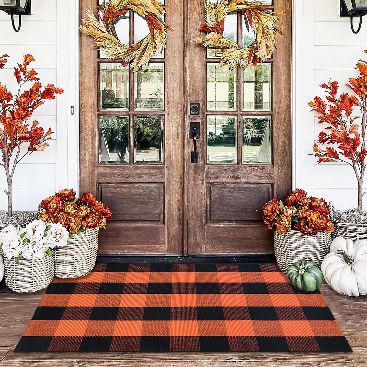 Orange and White Plaid Rug, 3' X 5' Fall Front Door Decor Mat, Cotton Washable Hand-Woven Door Mat for Layered Doormat, Autumn Halloween Thanksgiving Carpet for Porch, Entryway