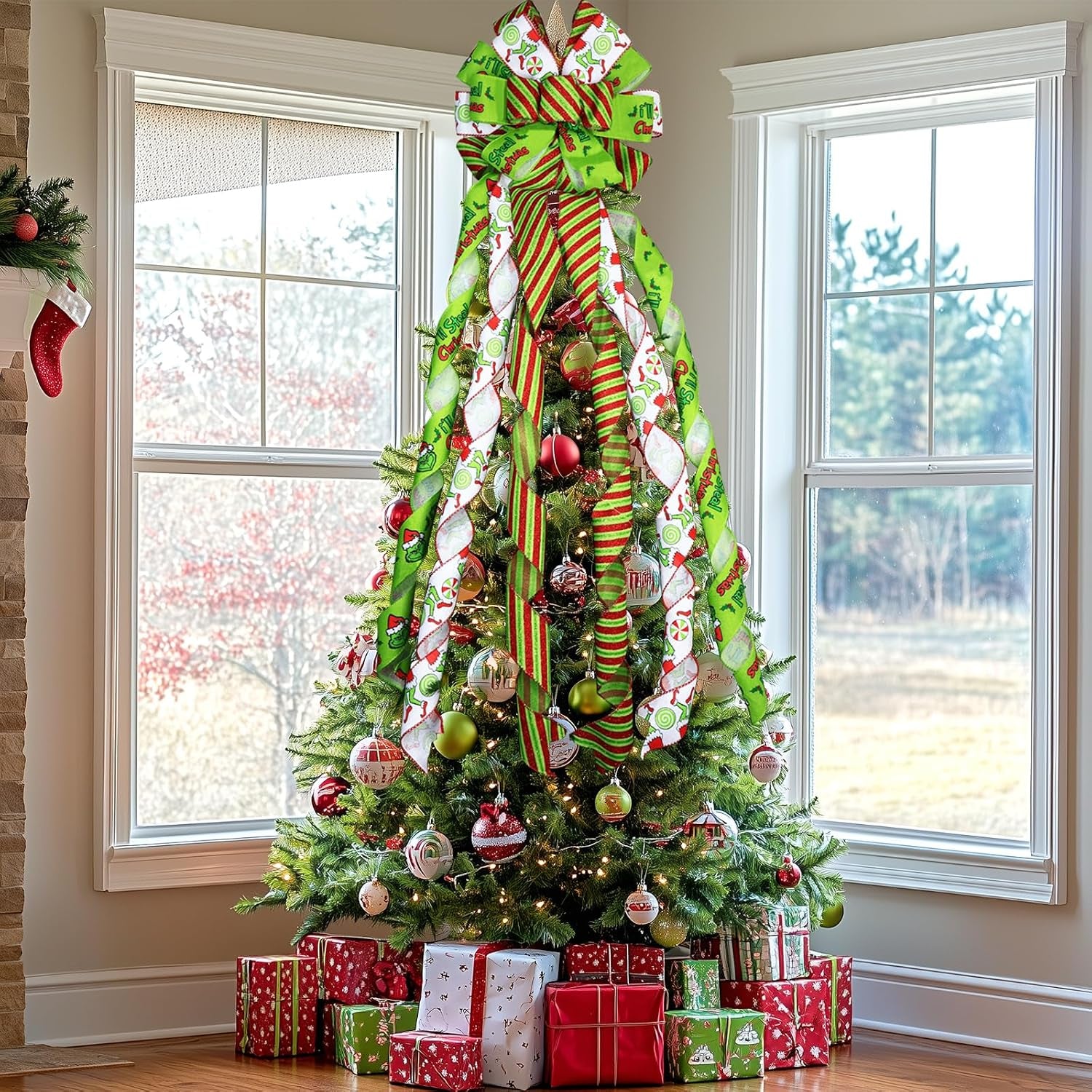 Large Christmas Tree Topper Bow 52X13 Inch, Pre-Tied Wired Wreath Ribbon | Big Festive Xmas Bow Ornaments with Long Streamers for Holiday Indoor Outdoor Home Party Decoration (Green)