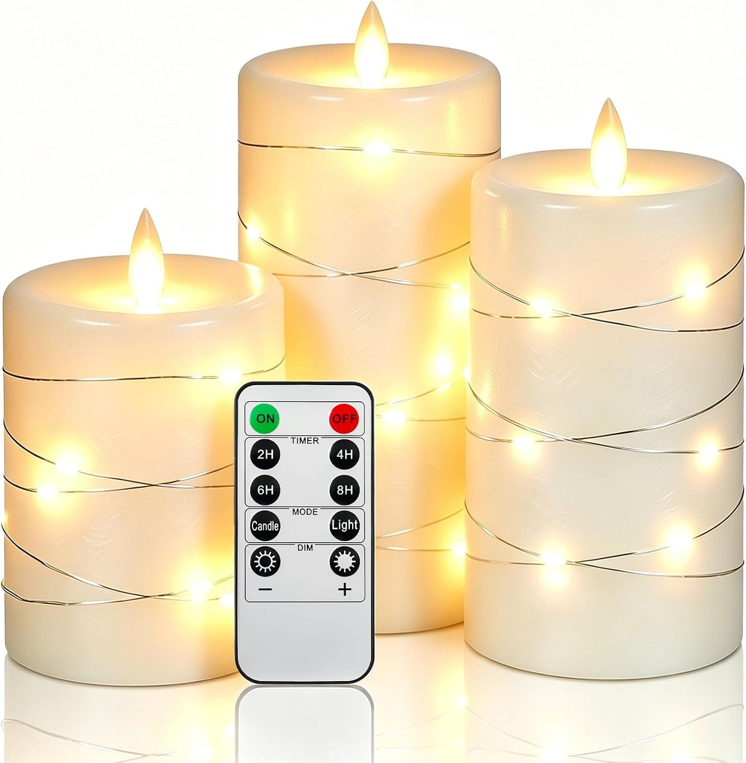 5 Pack Red Real Wax Flameless Taper Candles, Lifelike Flickering LED Candles with Copper String Lights, Battery Operated Candles with Remote for Holiday Wedding Home Decor
