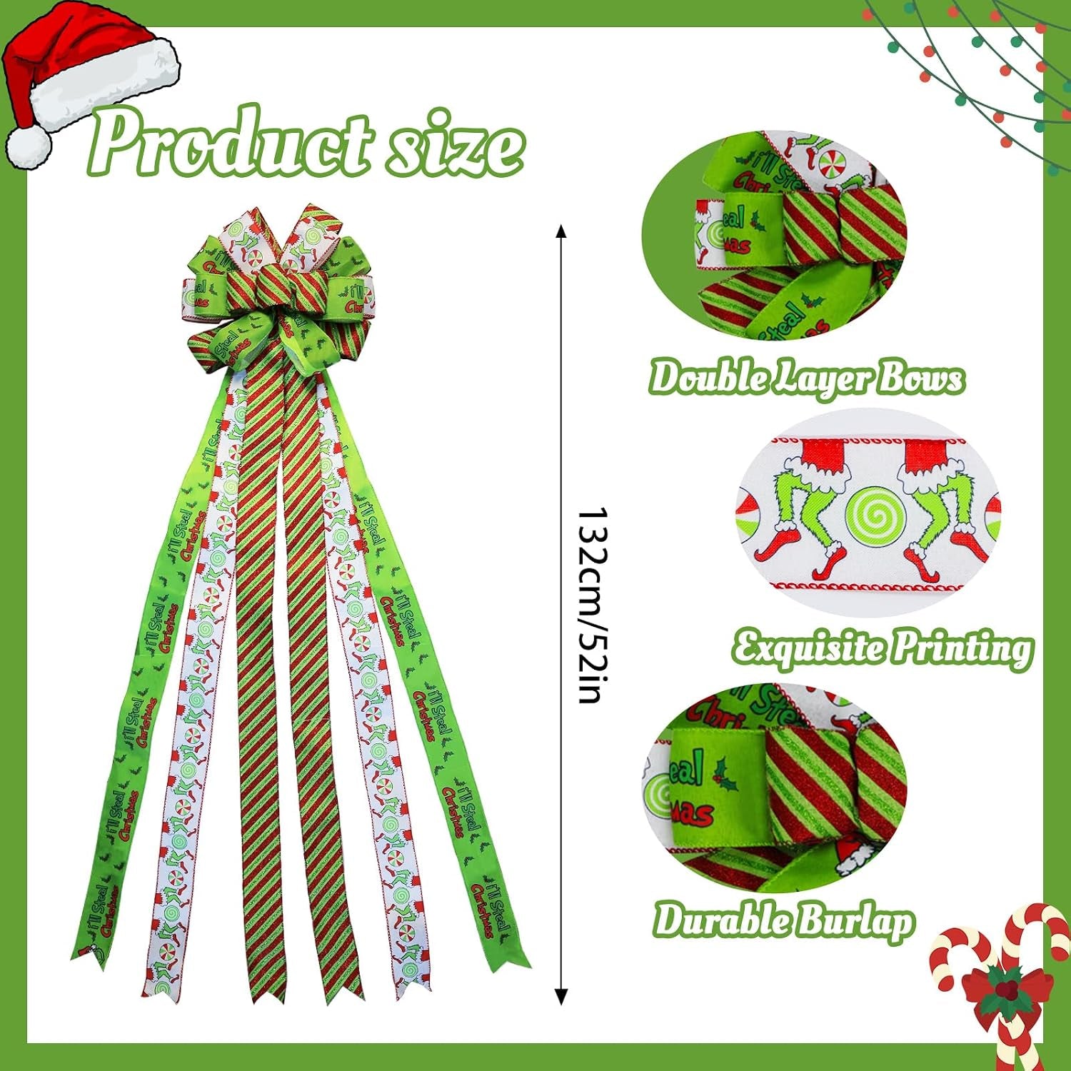 Large Christmas Tree Topper Bow 52X13 Inch, Pre-Tied Wired Wreath Ribbon | Big Festive Xmas Bow Ornaments with Long Streamers for Holiday Indoor Outdoor Home Party Decoration (Green)