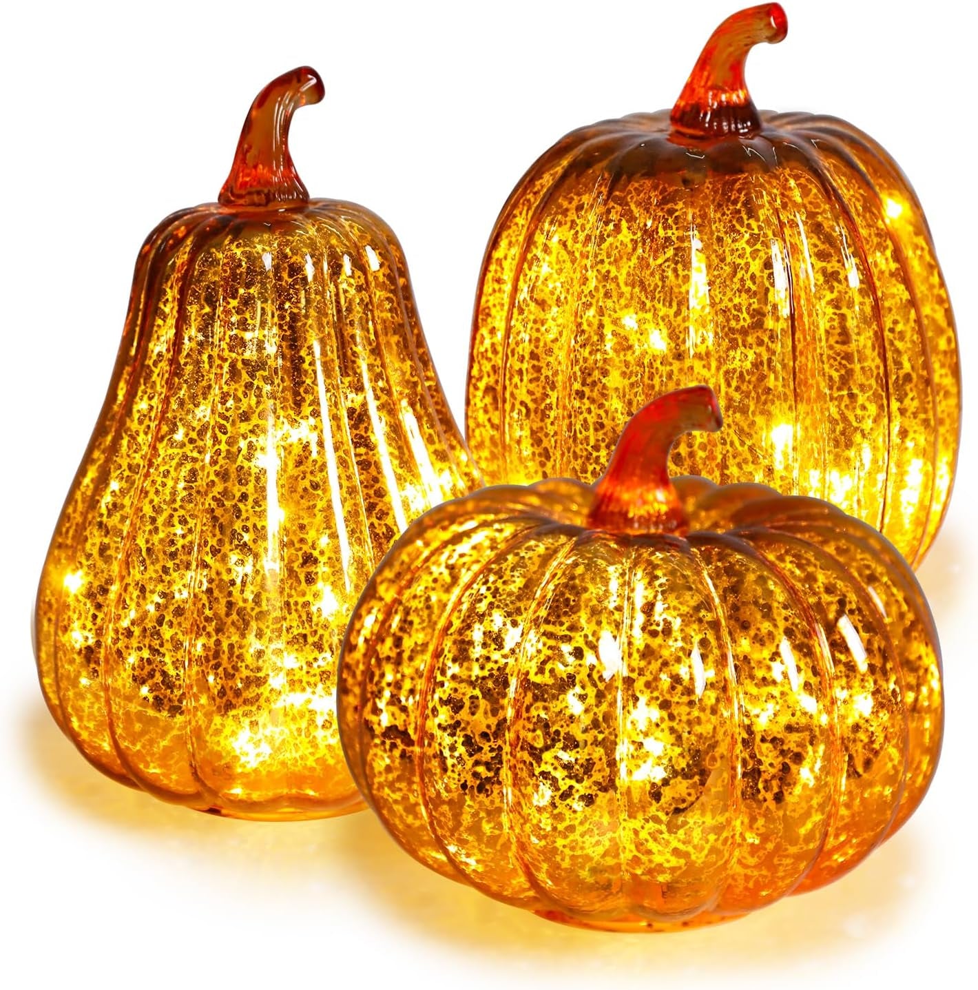 Mercury Glass Pumpkin Lights Fall Porch Decorations Halloween Holiday Gift | Light up Glass Pumpkins with Timer Autumn Thanksgiving Indoor/Outdoor Decor,3Pcs Starry Night Pumpkin for Tabletop
