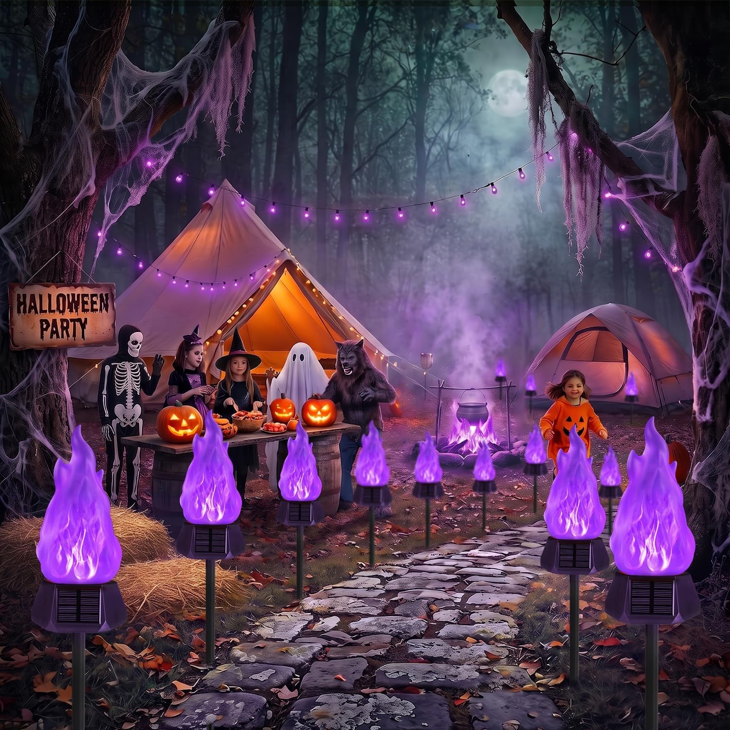 Solar Outdoor Torch Lights with Flickering Flame, 4 Pack Solar Pathway Decorative Lights, Waterproof LED Flame Torches for Outdoor Camping Garden Landscape Patio Path Yard Decorations - Purple