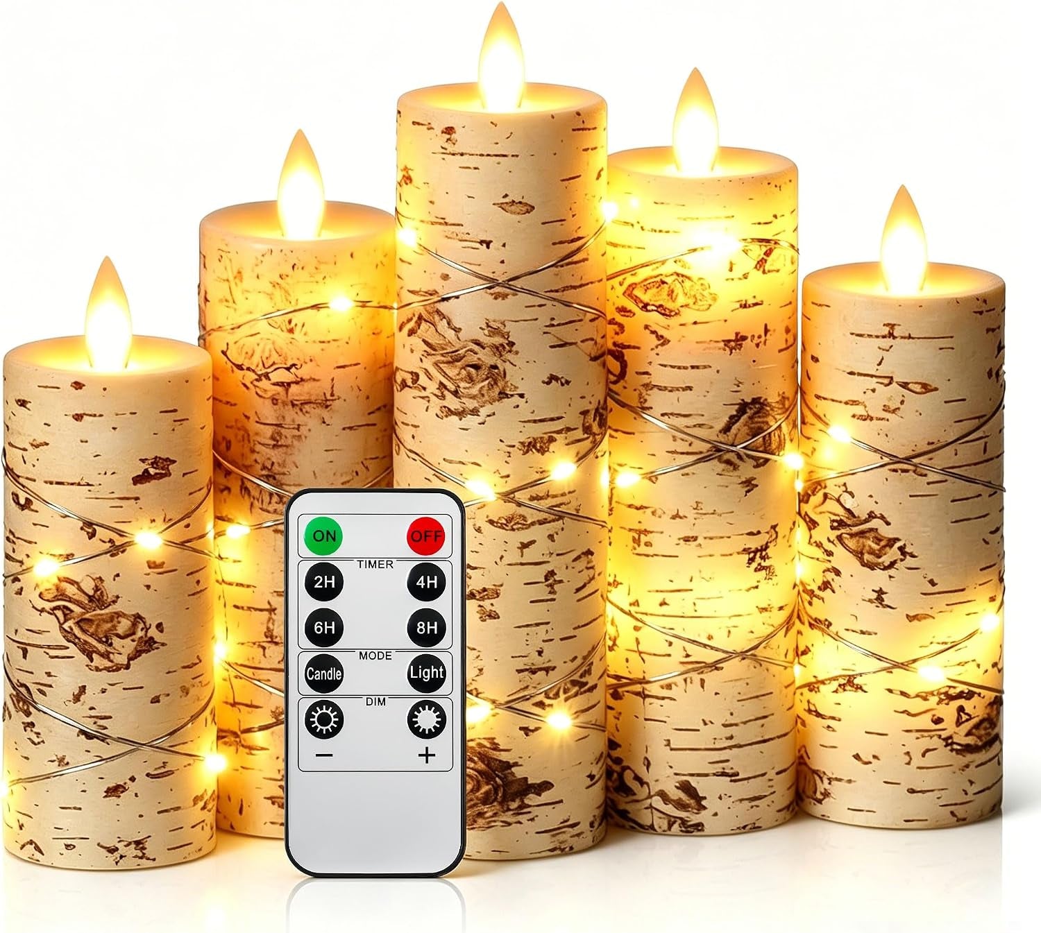 5 Pack Red Real Wax Flameless Taper Candles, Lifelike Flickering LED Candles with Copper String Lights, Battery Operated Candles with Remote for Holiday Wedding Home Decor