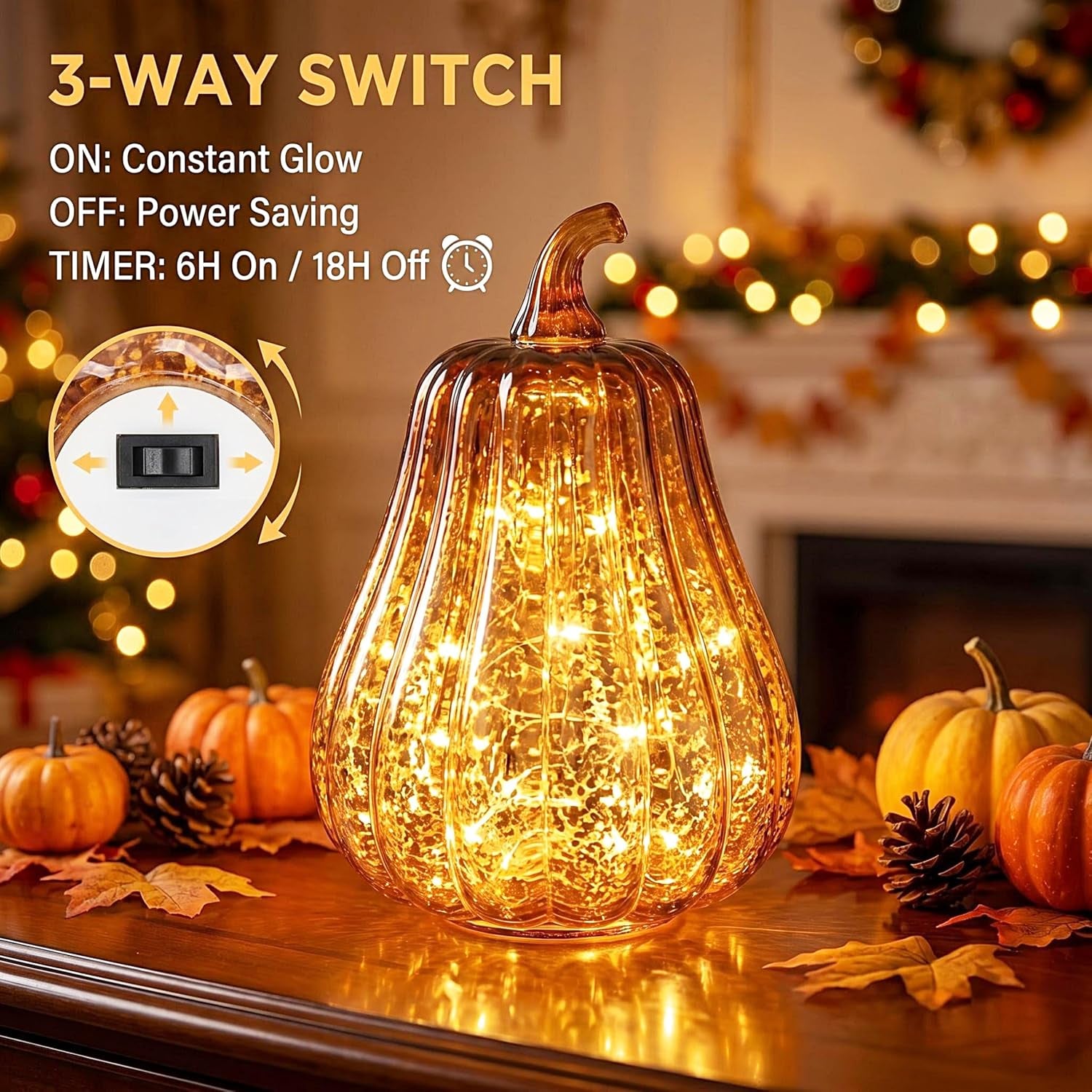Fall Decorations for Home,Mercury Glass Pumpkin Lights with Timer, Battery Operated Led Pumpkin Lights,Light up Glass Pumpkin, Ideal for Halloween Fall Decor, Thanksgiving Decorh:8.5" (Coffee)