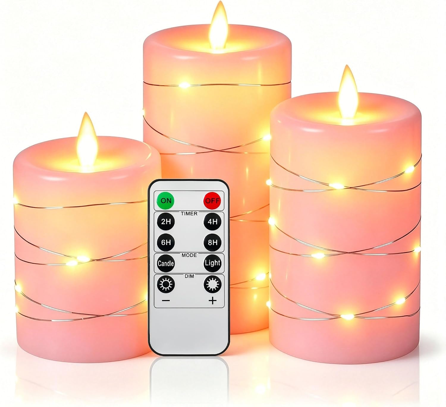 5 Pack Red Real Wax Flameless Taper Candles, Lifelike Flickering LED Candles with Copper String Lights, Battery Operated Candles with Remote for Holiday Wedding Home Decor