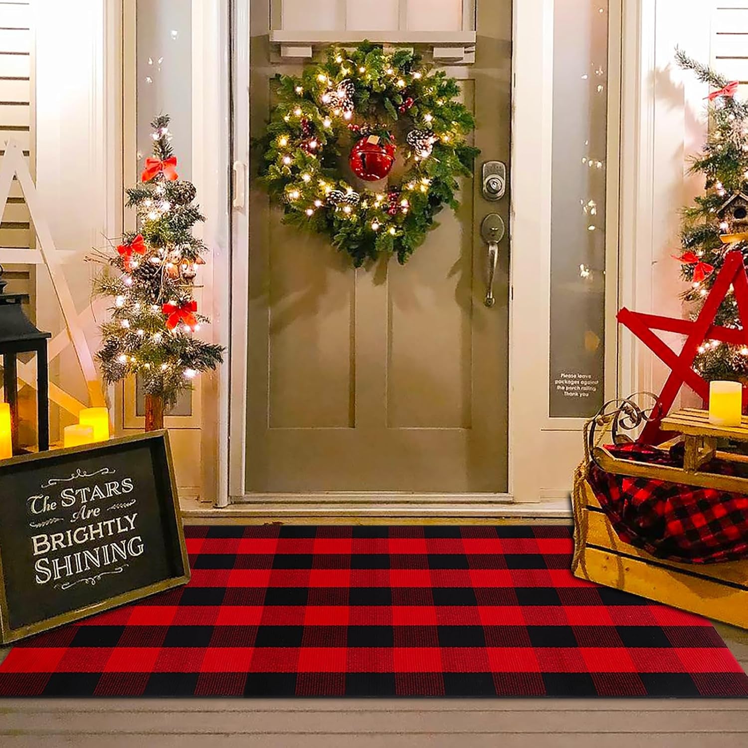 Orange and White Plaid Rug, 3' X 5' Fall Front Door Decor Mat, Cotton Washable Hand-Woven Door Mat for Layered Doormat, Autumn Halloween Thanksgiving Carpet for Porch, Entryway
