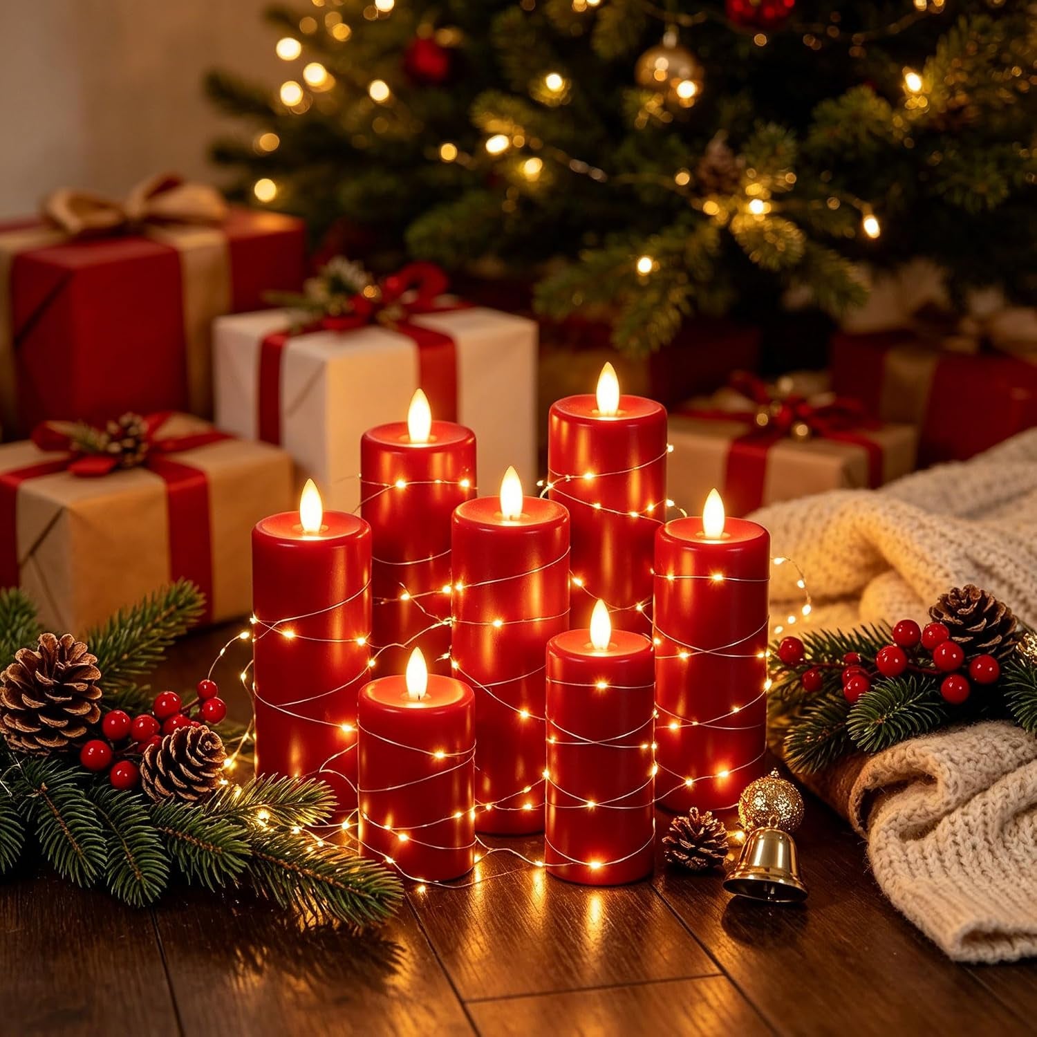5 Pack Red Real Wax Flameless Taper Candles, Lifelike Flickering LED Candles with Copper String Lights, Battery Operated Candles with Remote for Holiday Wedding Home Decor