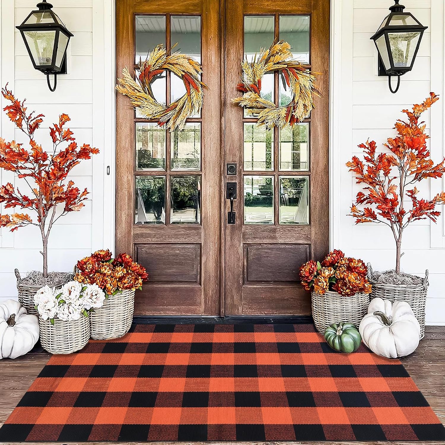 Orange and White Plaid Rug, 3' X 5' Fall Front Door Decor Mat, Cotton Washable Hand-Woven Door Mat for Layered Doormat, Autumn Halloween Thanksgiving Carpet for Porch, Entryway
