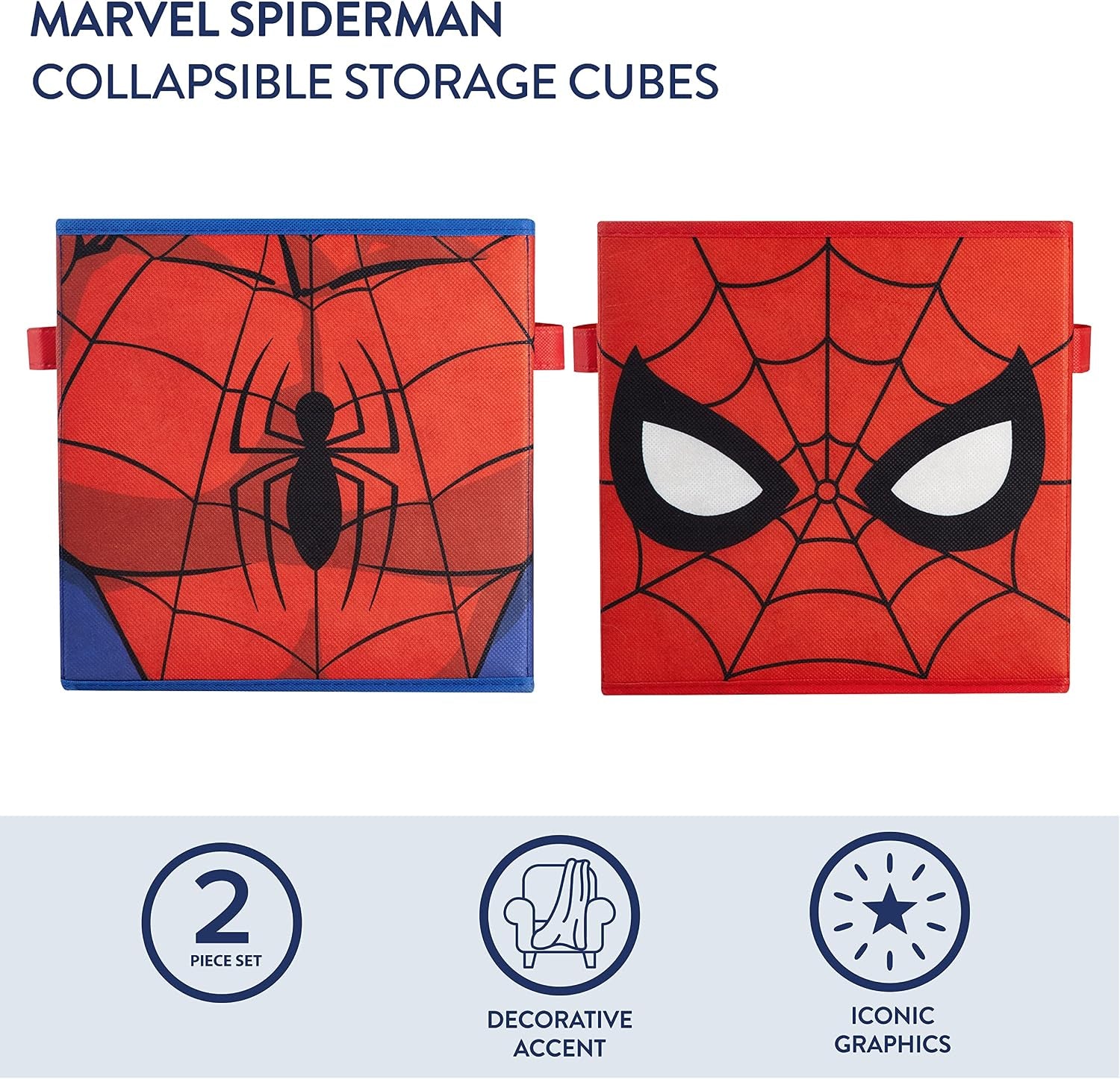 Marvel Spider-Man Collapsible Storage Cubes, Set of 2 Fabric Organizer Bins, 10 X 10 Inch Storage Baskets for Kids Bedroom, Playroom, Closet & Cube Shelves, Red
